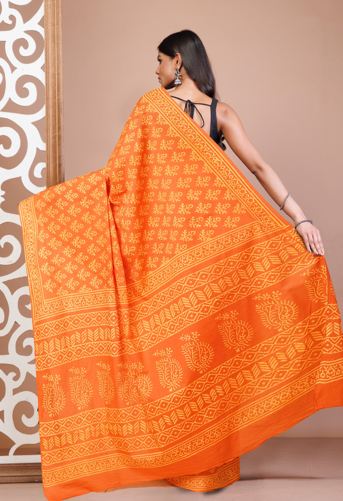 Orange Pure Hand Block Printed Soft Cotton Saree-UNM78199