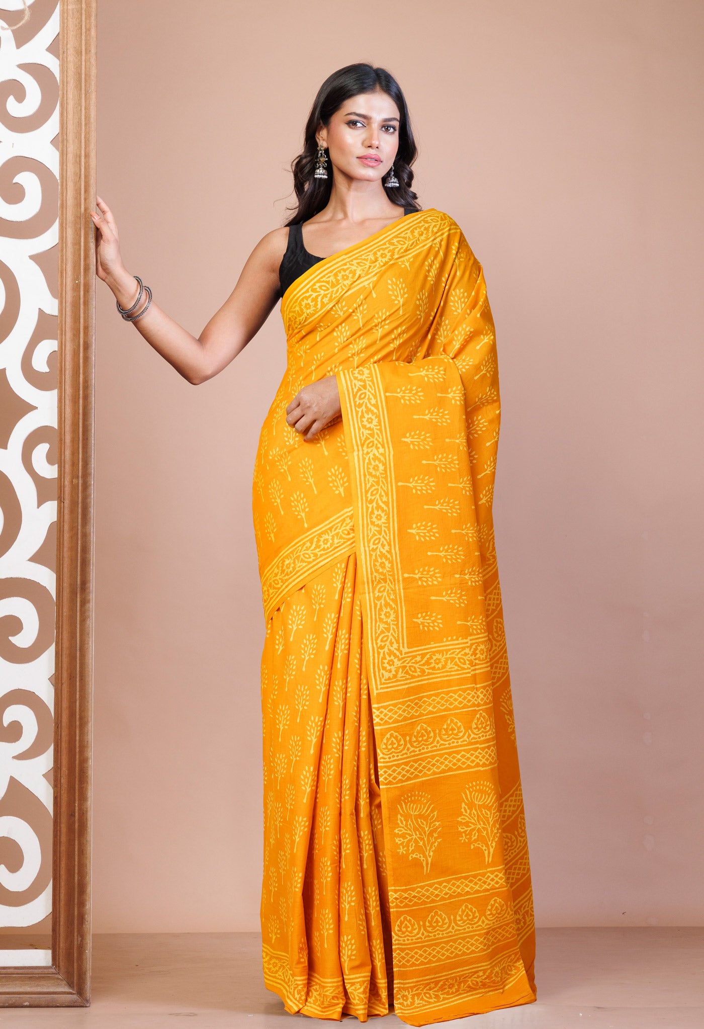 Yellow Pure Hand Block Printed Soft Cotton Saree-UNM78202