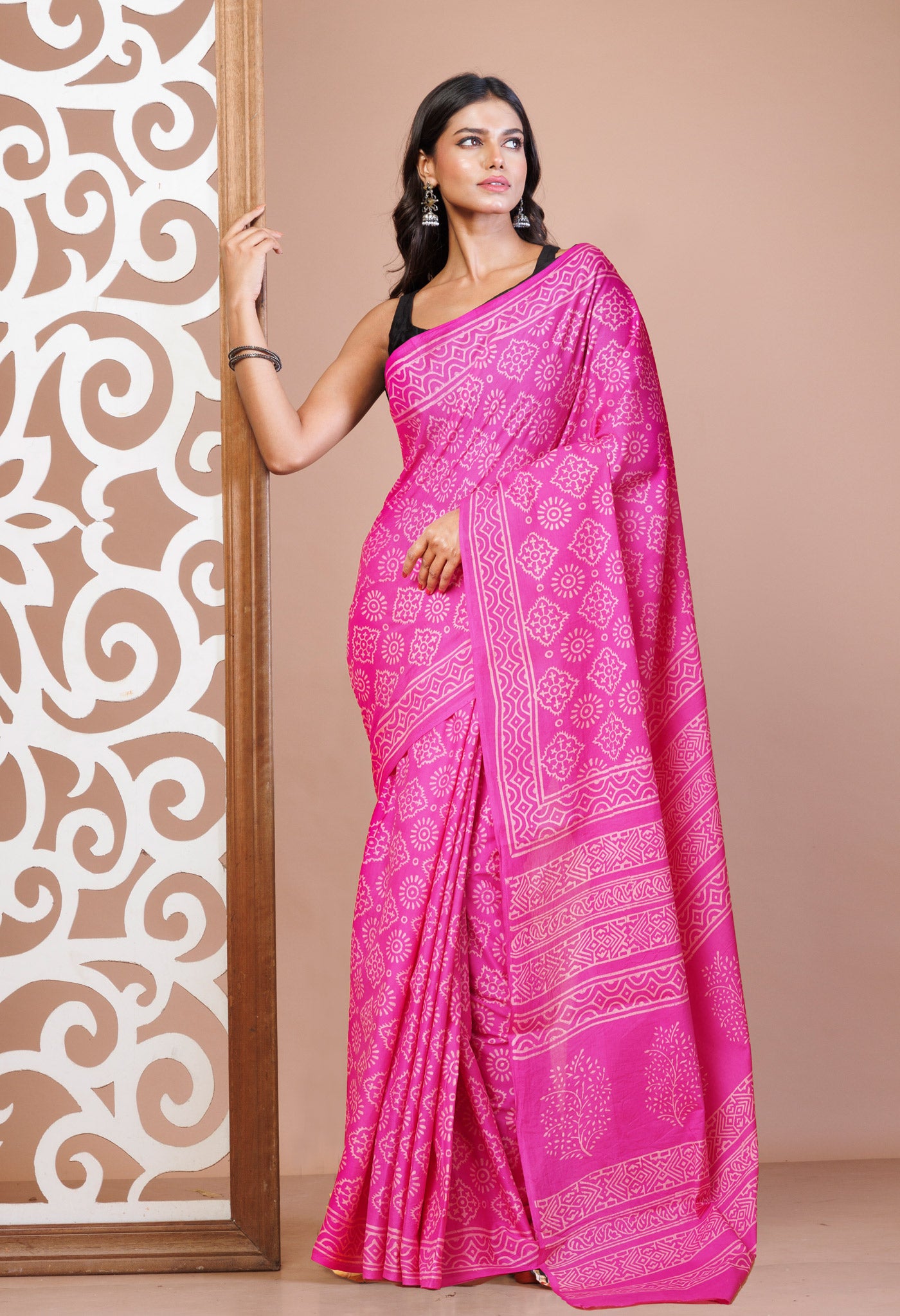 Pink Pure Hand Block Printed Soft Cotton Saree-UNM78203