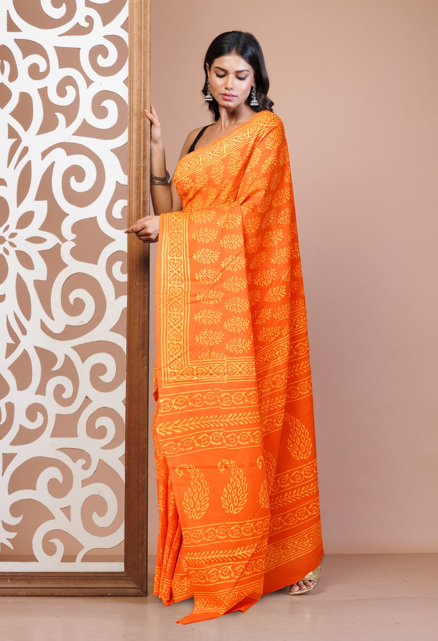 Orange Pure Hand Block Printed Soft Cotton Saree-UNM78204