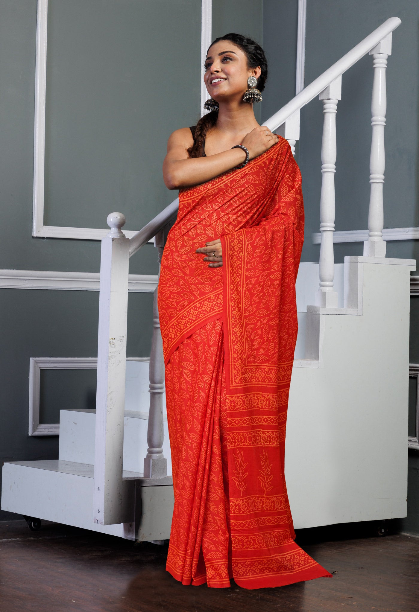 Red Pure Hand Block Printed Soft Cotton Saree-UNM78206