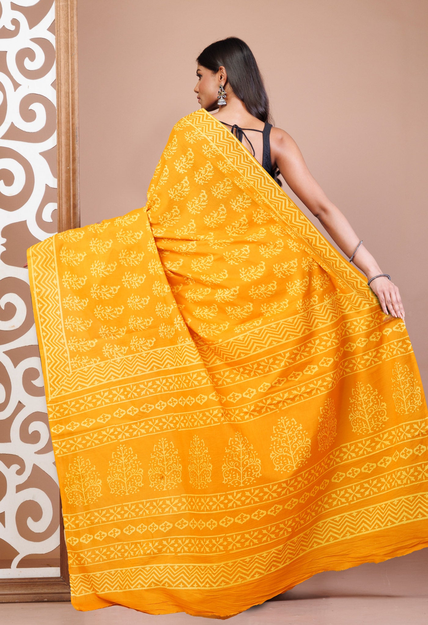 Yellow Pure Hand Block Printed Soft Cotton Saree