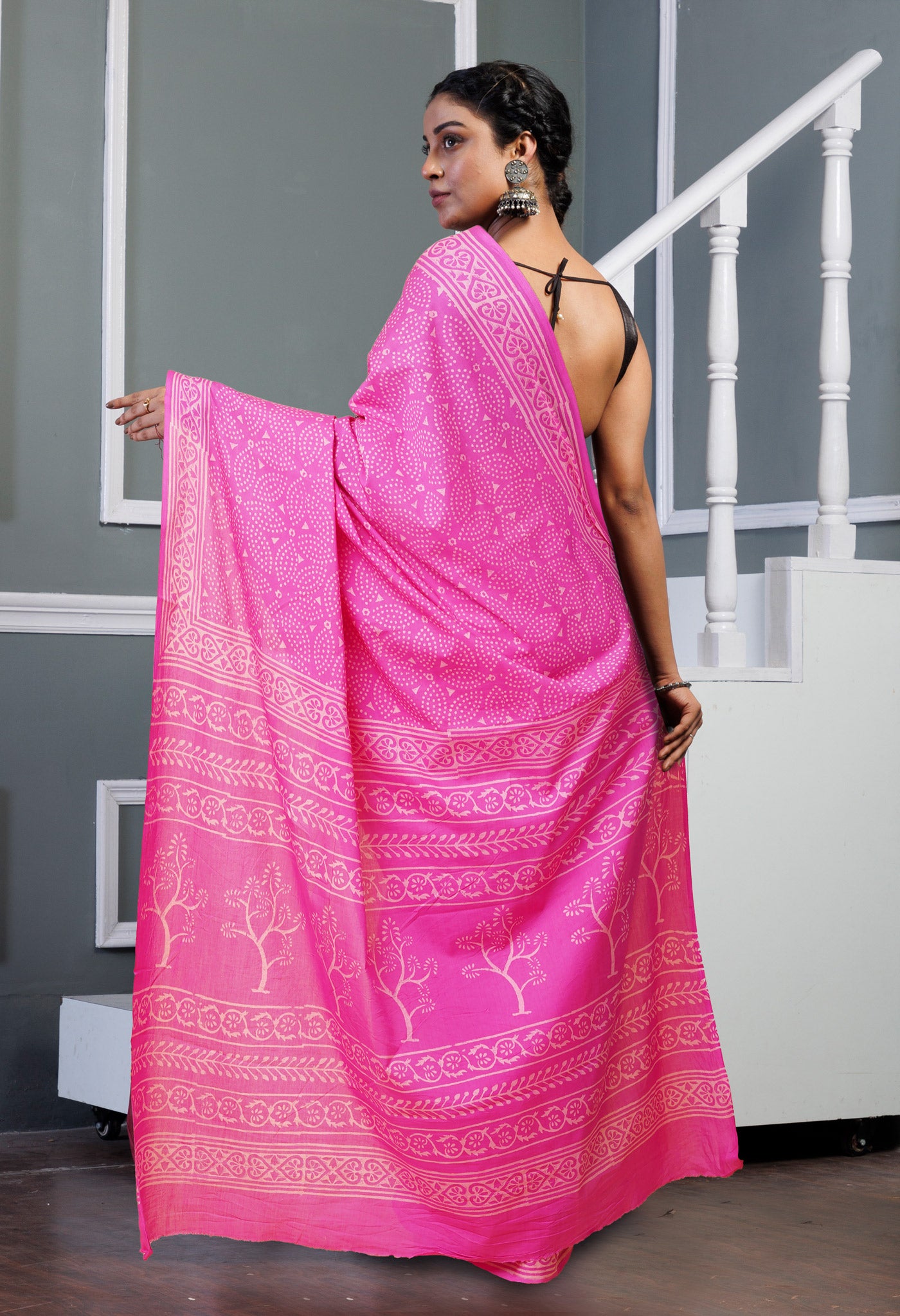 Pink Pure Hand Block Printed Soft Cotton Saree-UNM78208