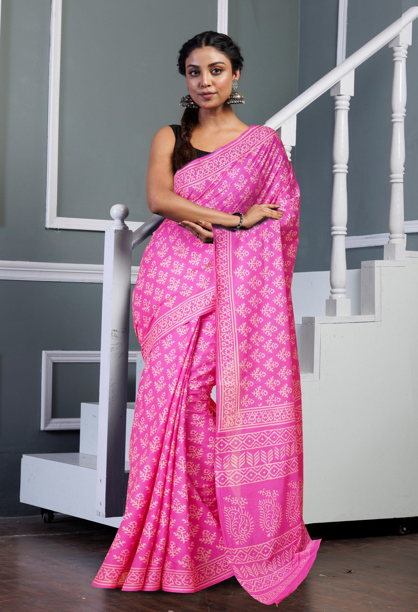 Pink Pure Hand Block Printed Soft Cotton Saree-UNM78213