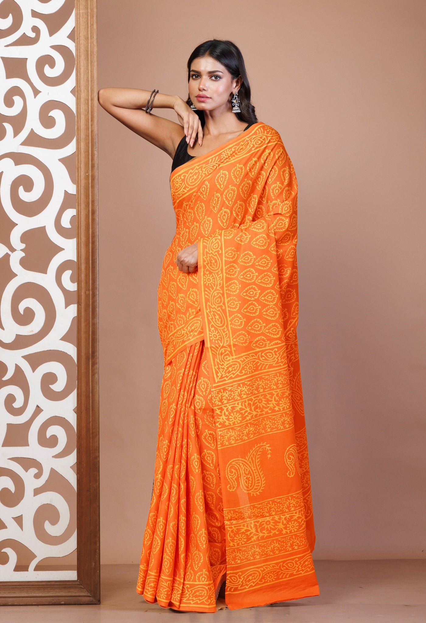 Orange Pure Hand Block Printed Soft Cotton Saree-UNM78214