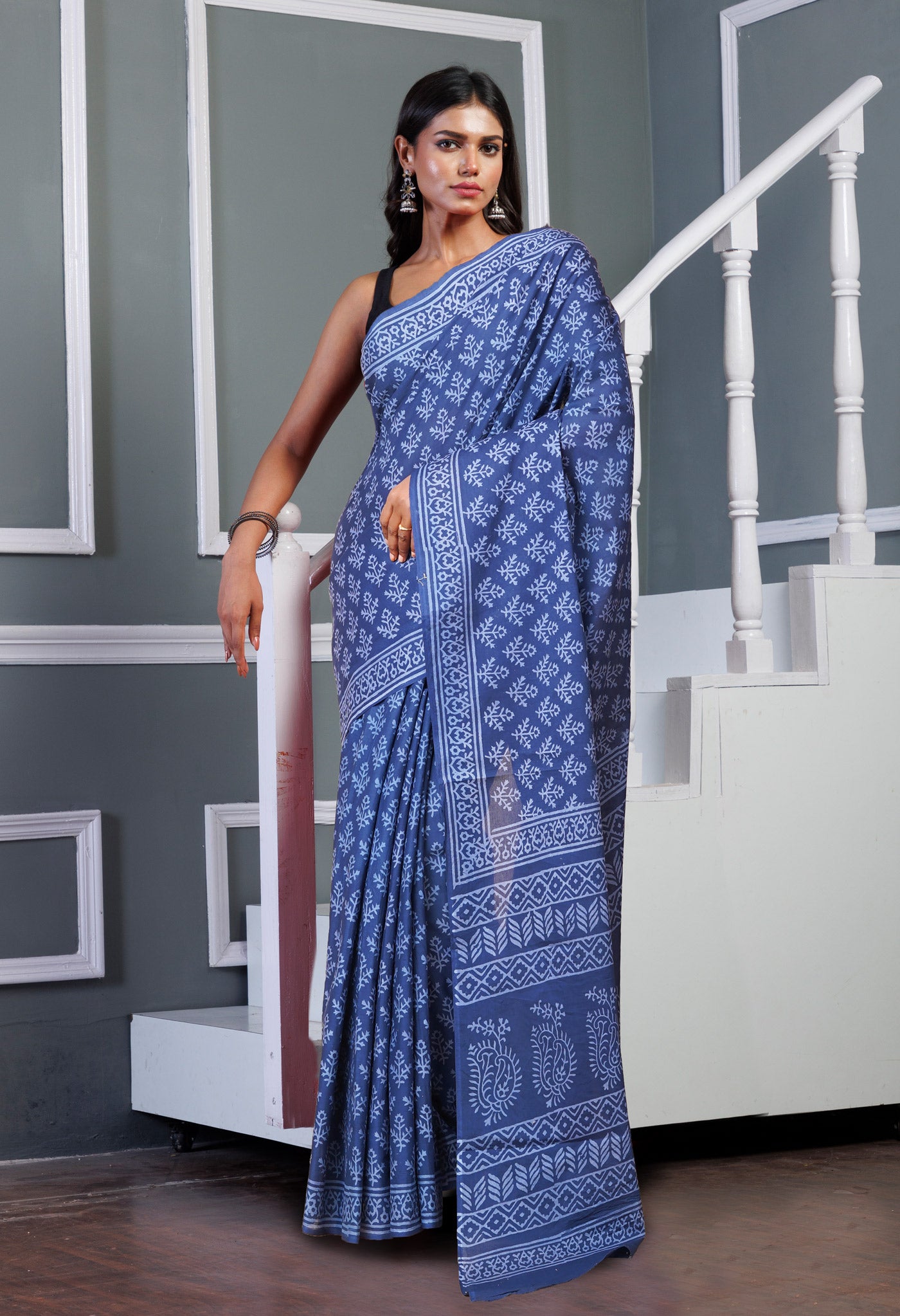 Navy Blue Pure Hand Block Printed Soft Cotton Saree-UNM78215