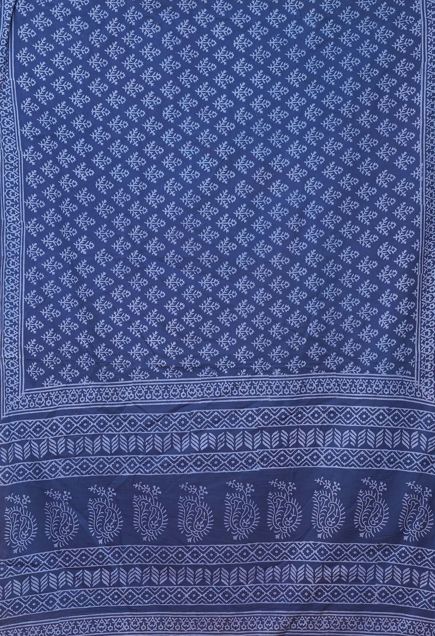 Navy Blue Pure Hand Block Printed Soft Cotton Saree-UNM78215