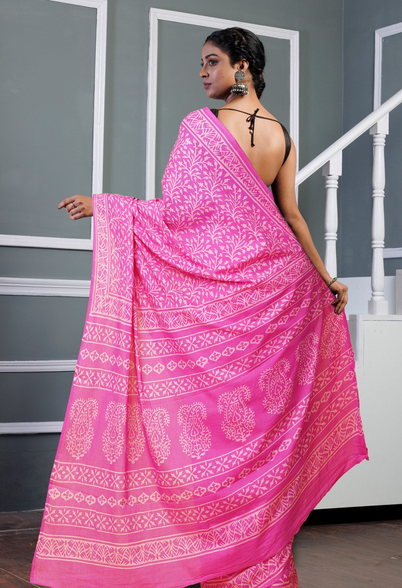 Pink Pure Hand Block Printed Soft Cotton Saree-UNM78218