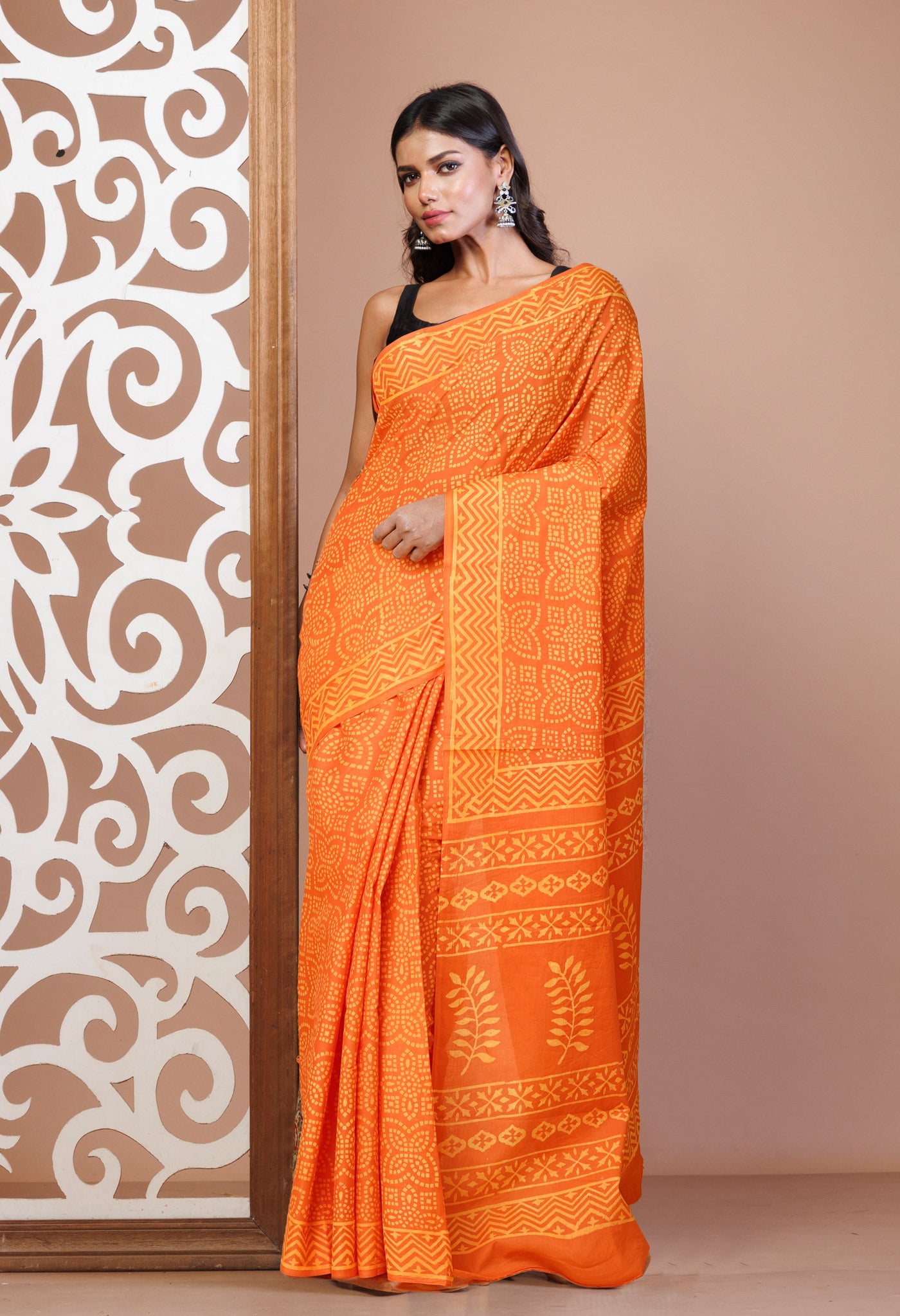 Orange Pure Hand Block Printed Soft Cotton Saree-UNM78219