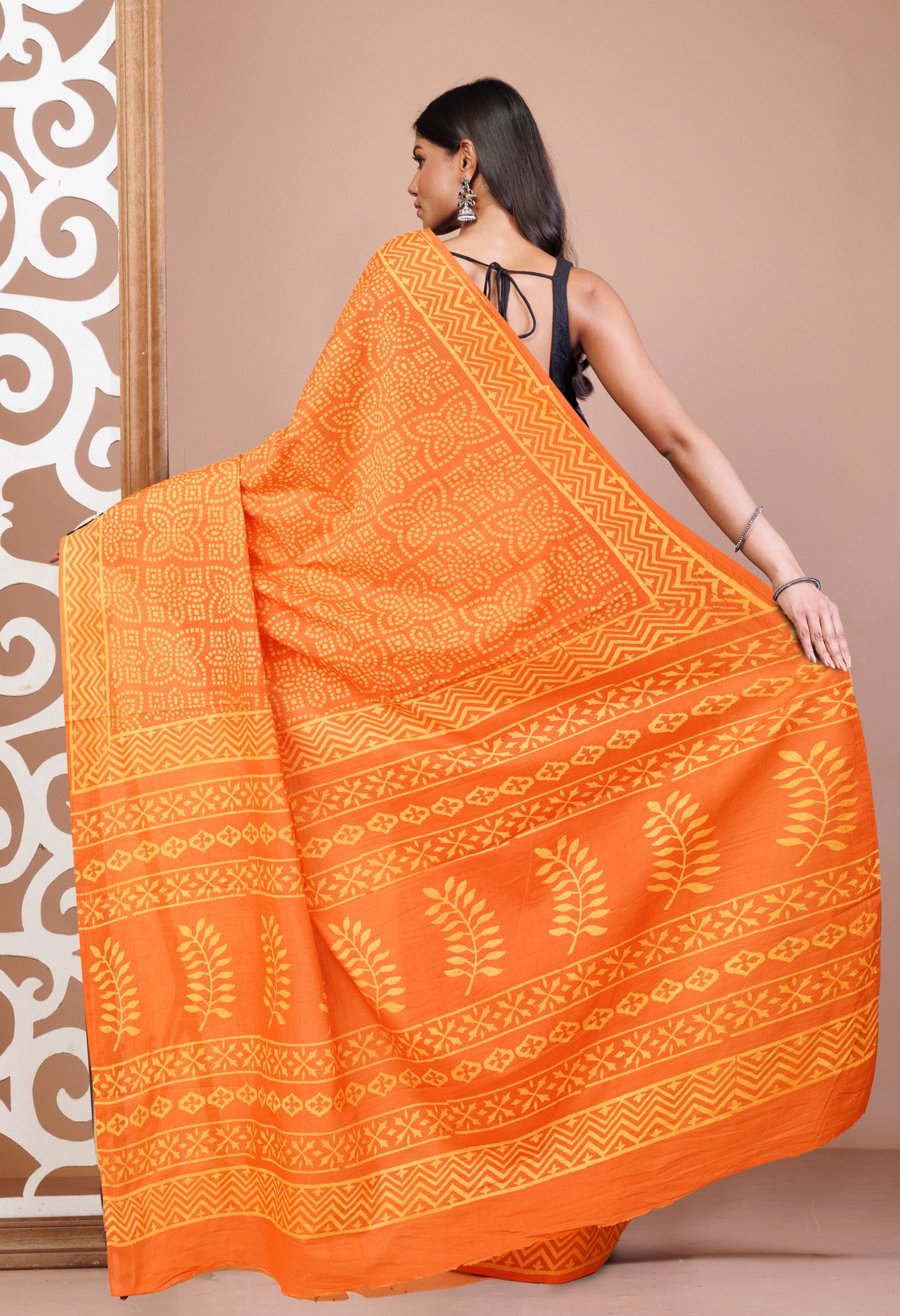 Orange Pure Hand Block Printed Soft Cotton Saree-UNM78219