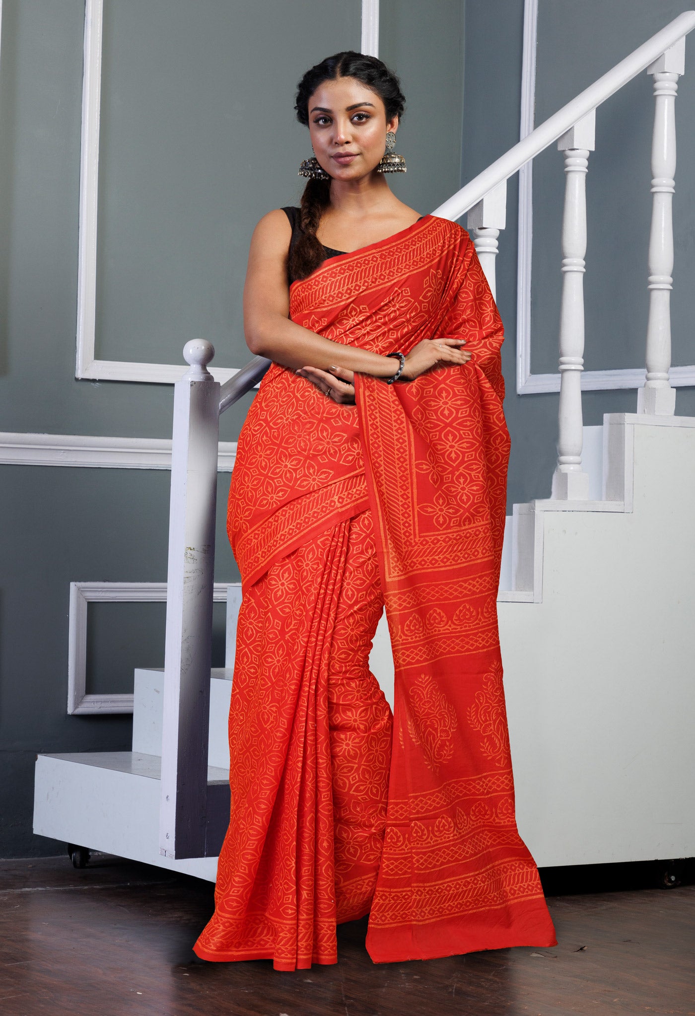 Red Pure Hand Block Printed Soft Cotton Saree-UNM78221