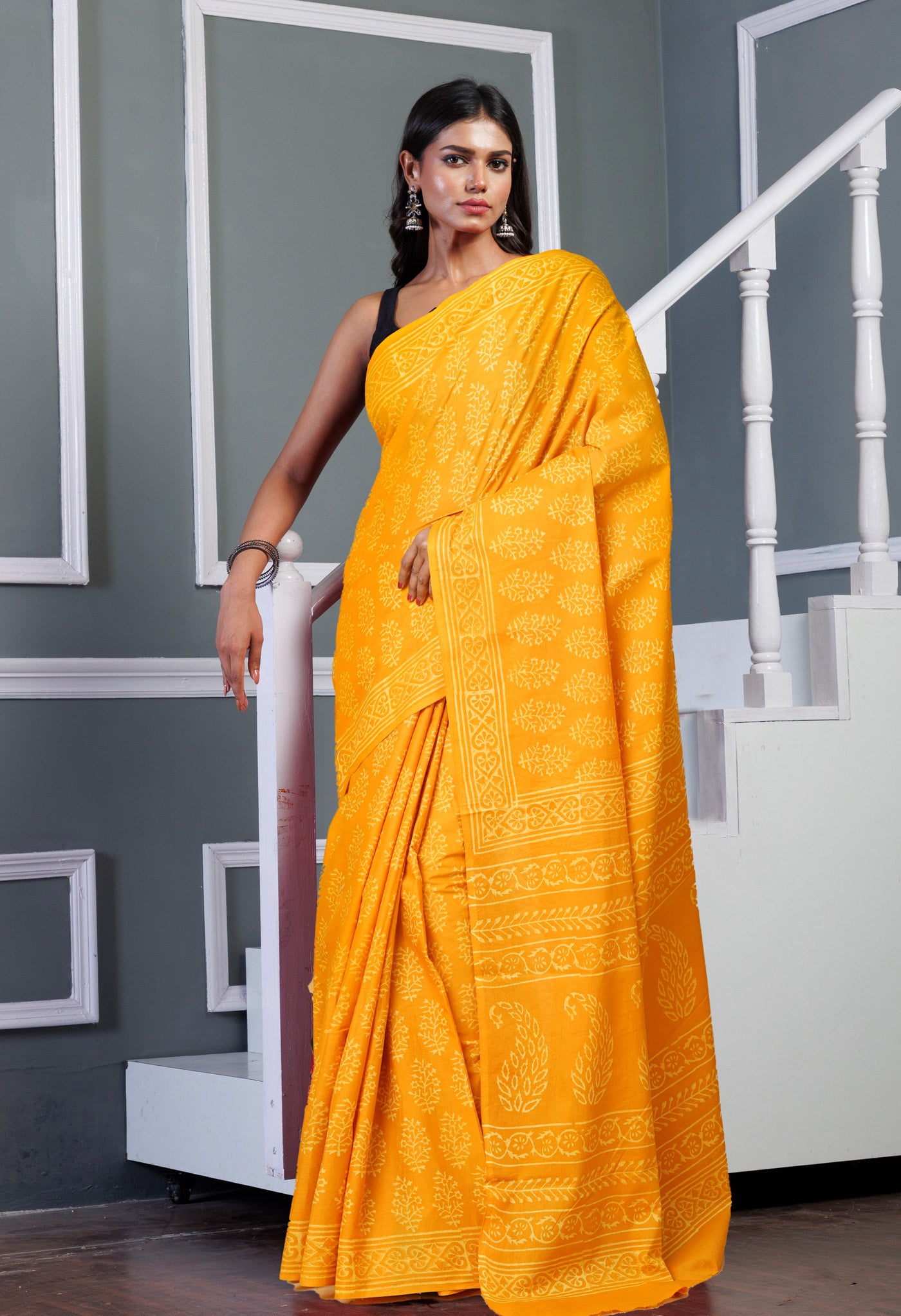 Yellow Pure Hand Block Printed Soft Cotton Saree-UNM78222