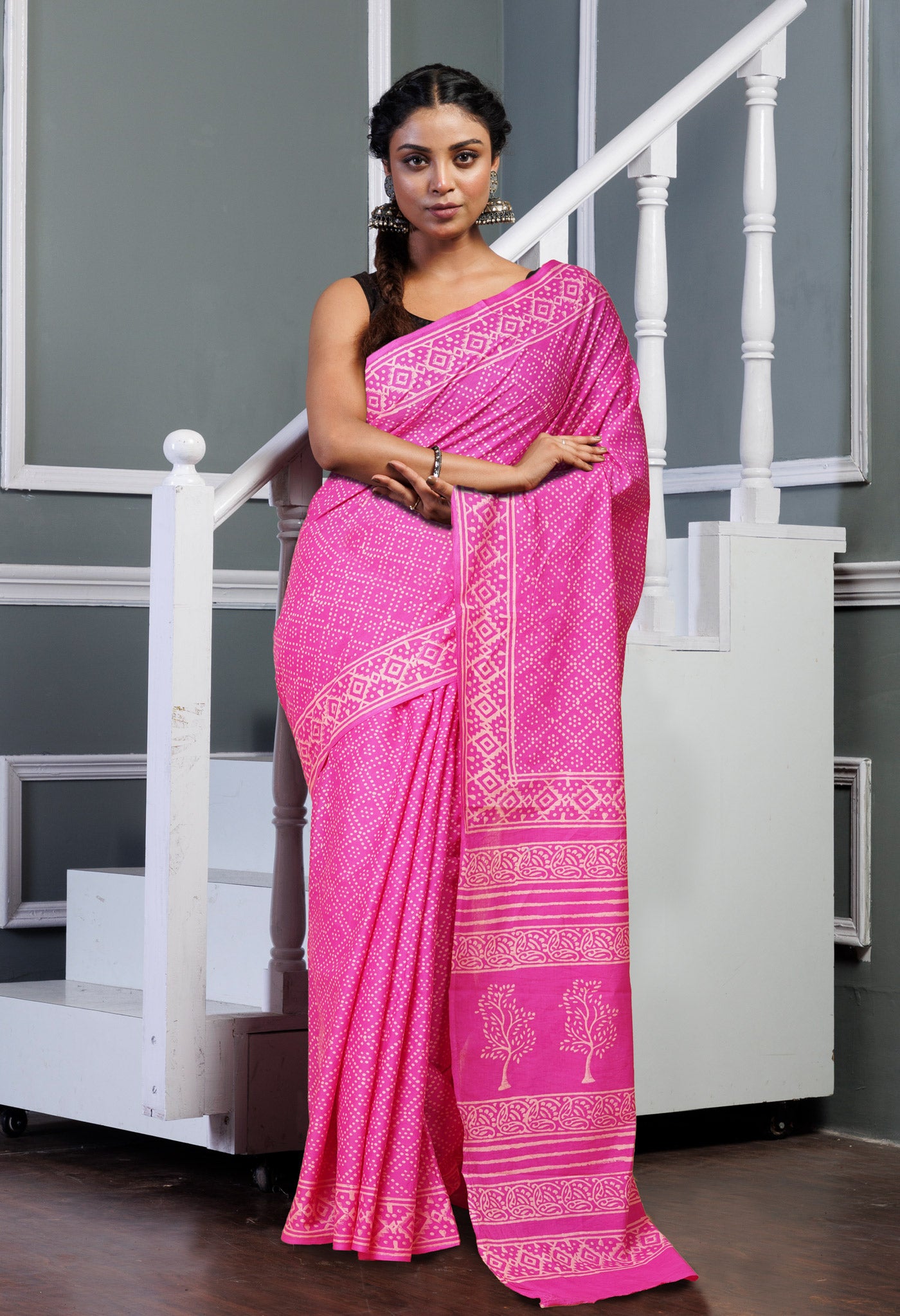 Pink Pure Hand Block Printed Soft Cotton Saree-UNM78223