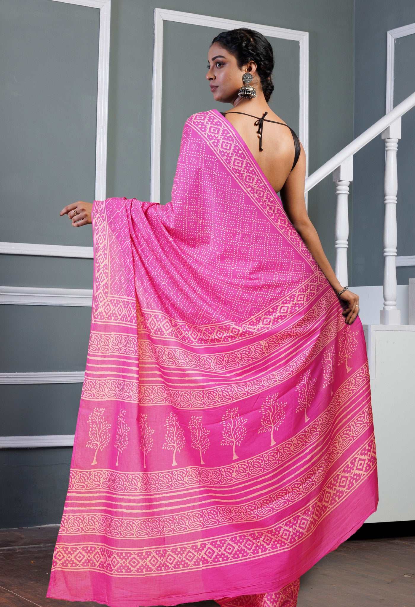 Pink Pure Hand Block Printed Soft Cotton Saree-UNM78223