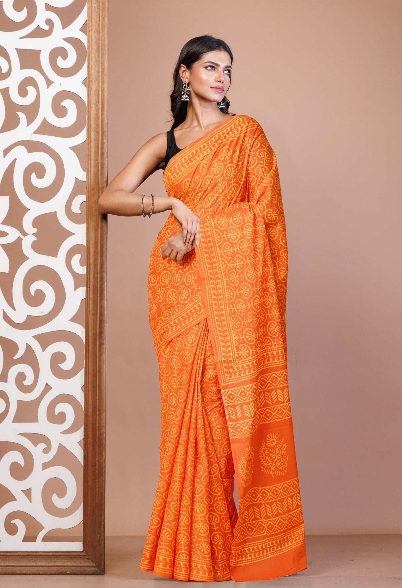 Orange Pure Hand Block Printed Soft Cotton Saree-UNM78224