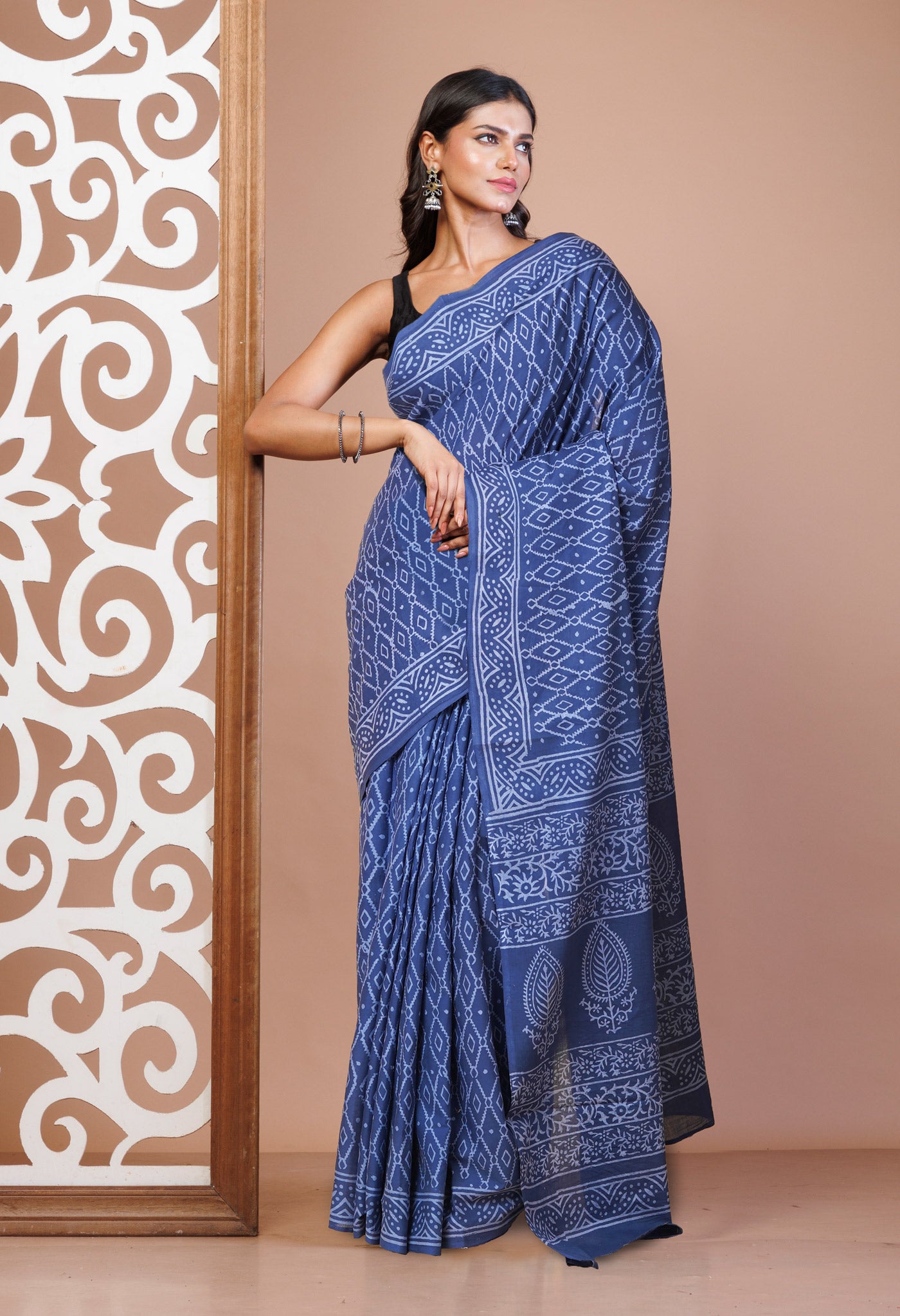 Navy Blue Pure Hand Block Printed Soft Cotton Saree-UNM78225