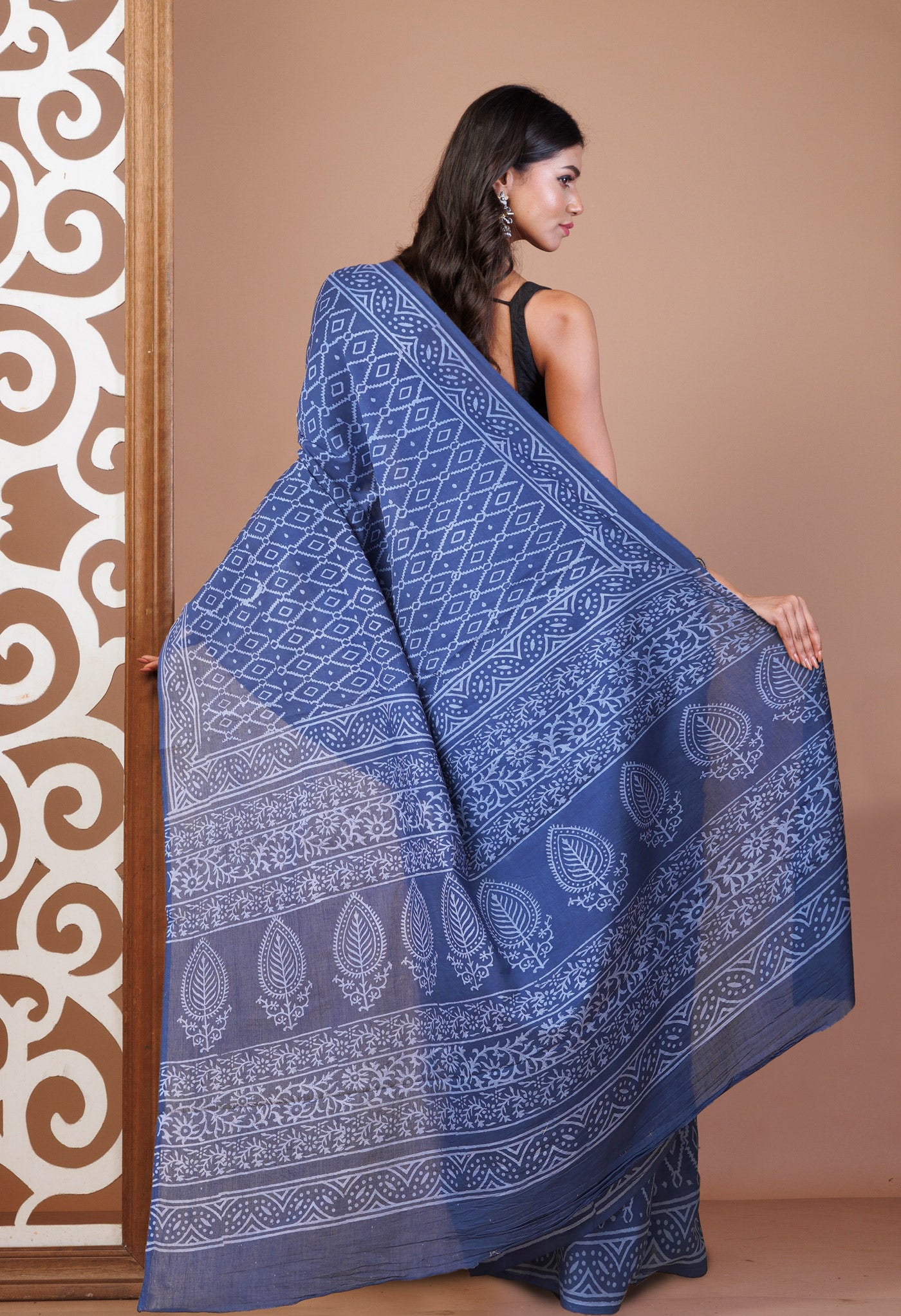 Navy Blue Pure Hand Block Printed Soft Cotton Saree-UNM78225