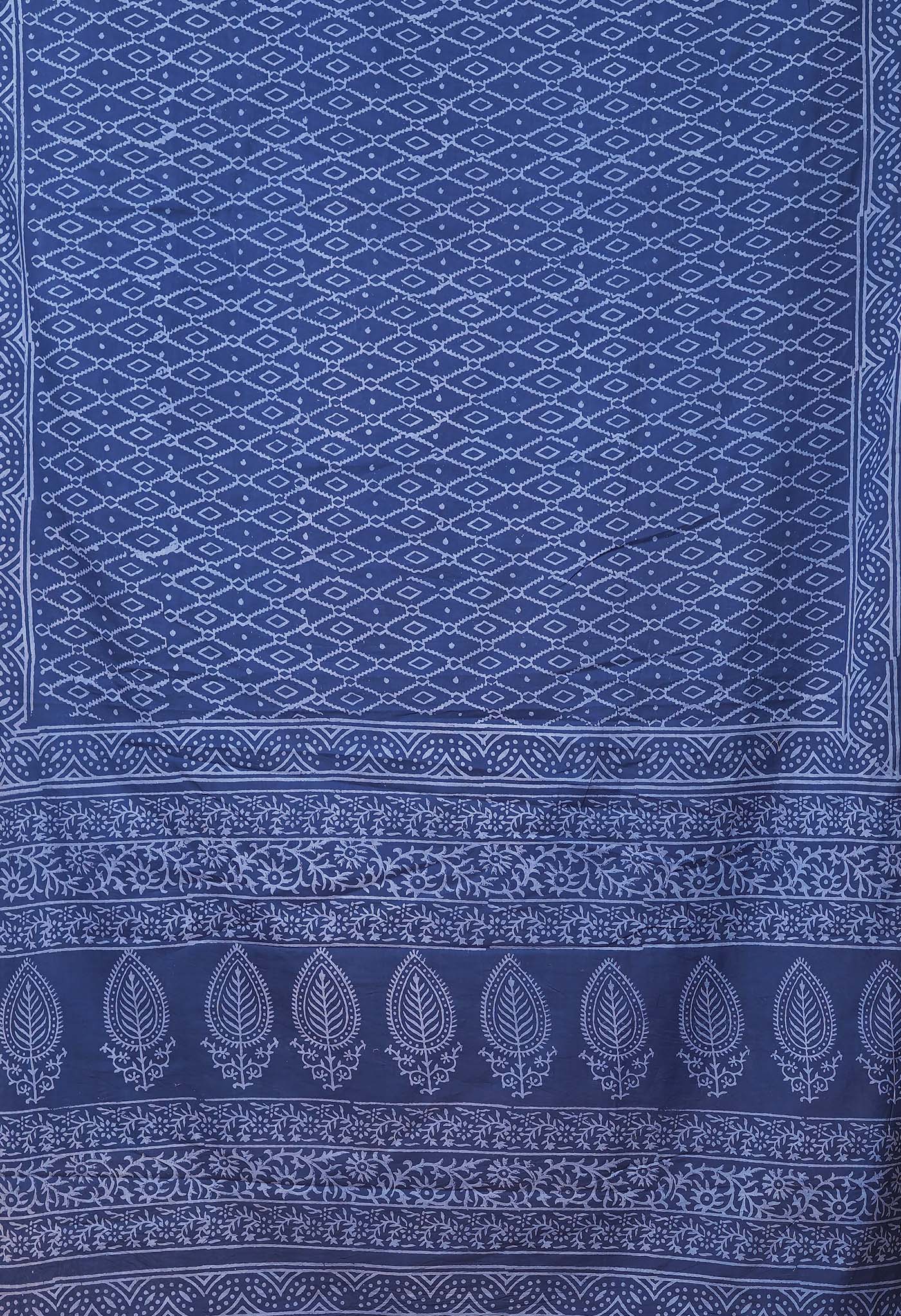 Navy Blue Pure Hand Block Printed Soft Cotton Saree-UNM78225