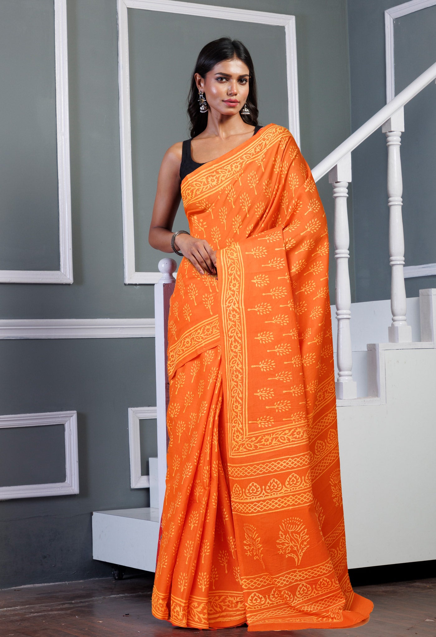 Orange Pure Hand Block Printed Soft Cotton Saree-UNM78228