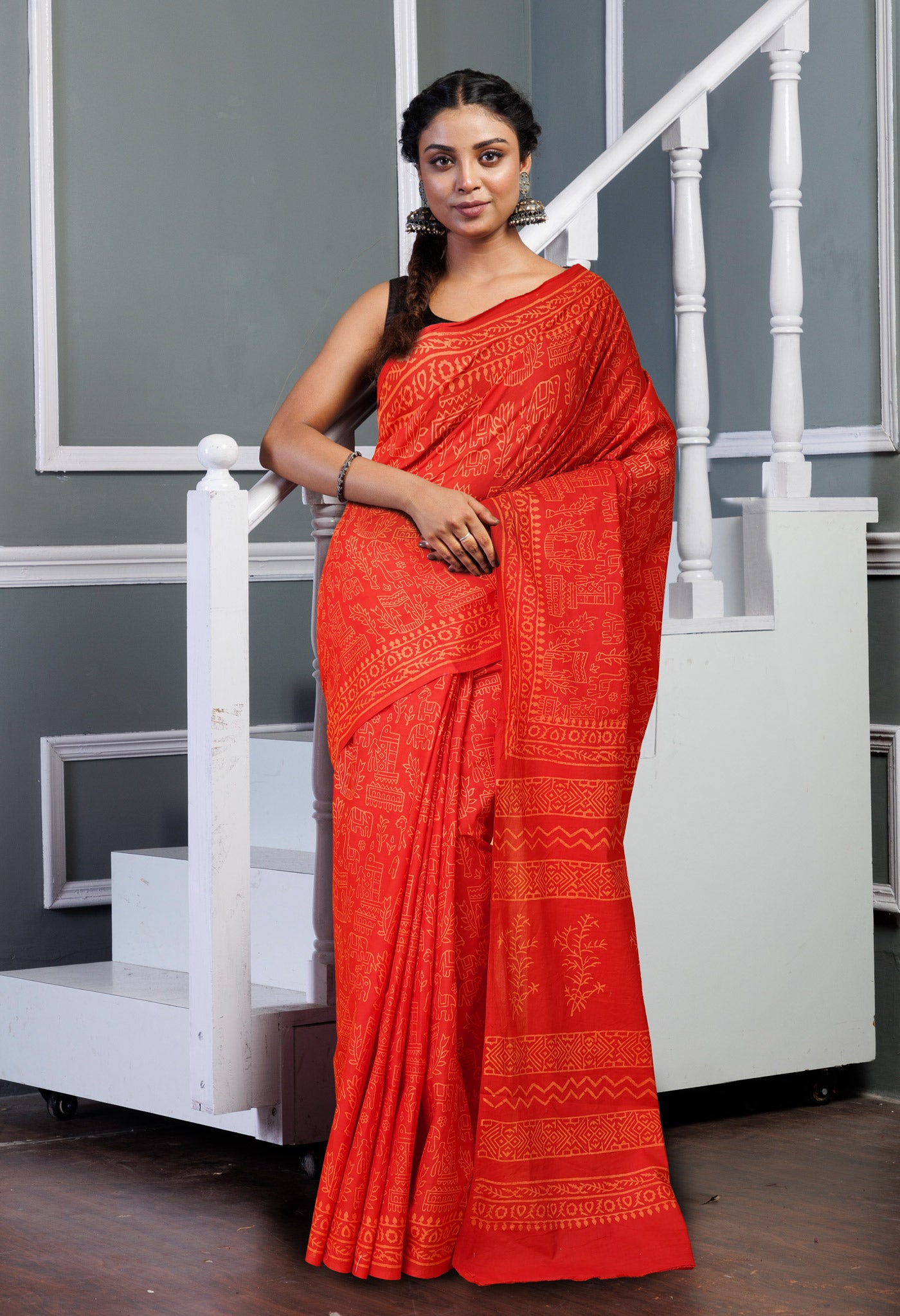 Red Pure Hand Block Printed Soft Cotton Saree-UNM78230