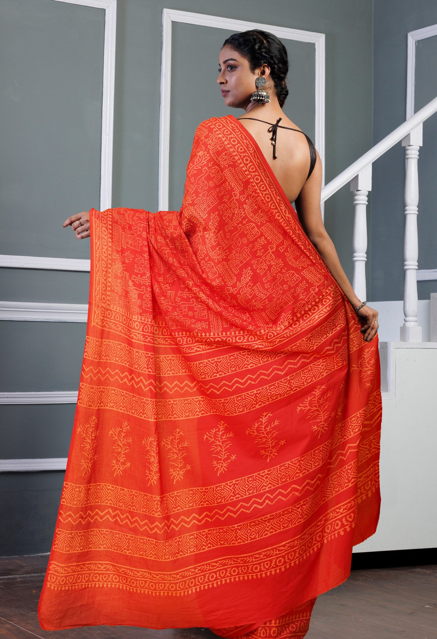 Red Pure Hand Block Printed Soft Cotton Saree-UNM78230