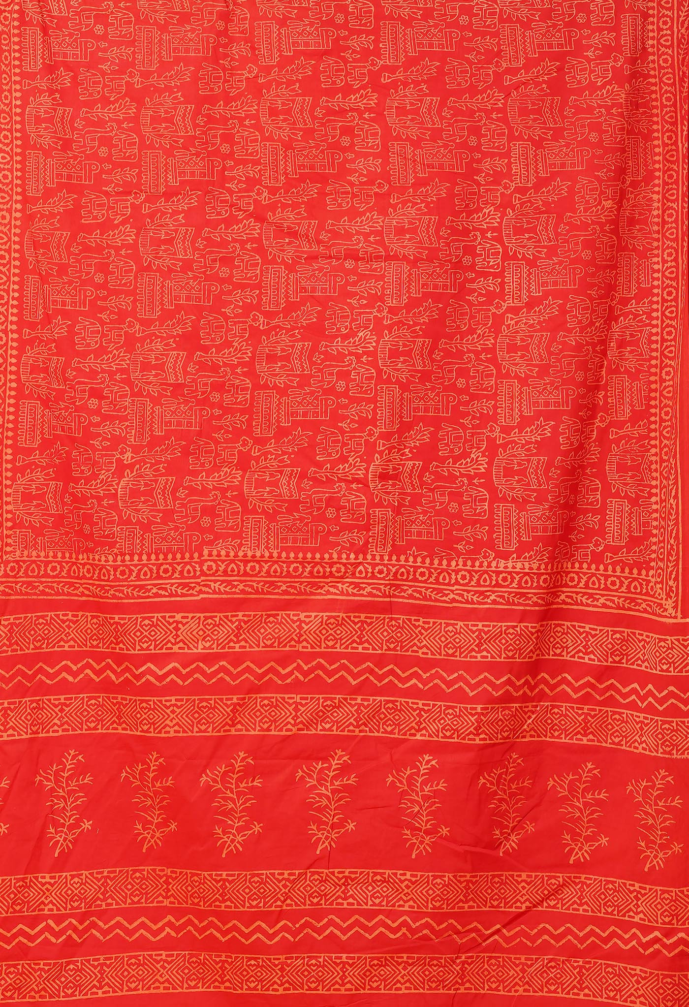 Red Pure Hand Block Printed Soft Cotton Saree-UNM78230