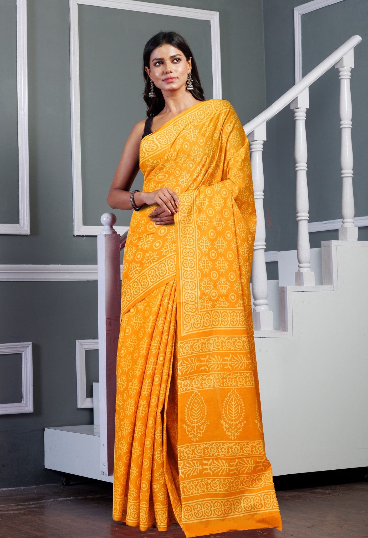 Yellow Pure Hand Block Printed Soft Cotton Saree-UNM78231