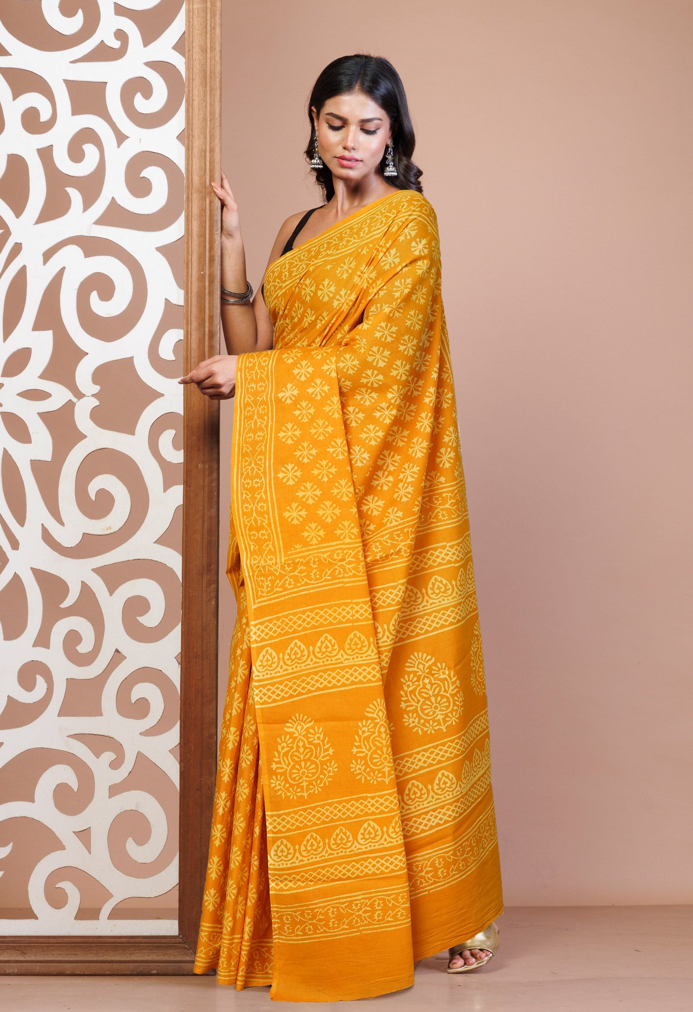 Yellow Pure Hand Block Printed Soft Cotton Saree-UNM78238