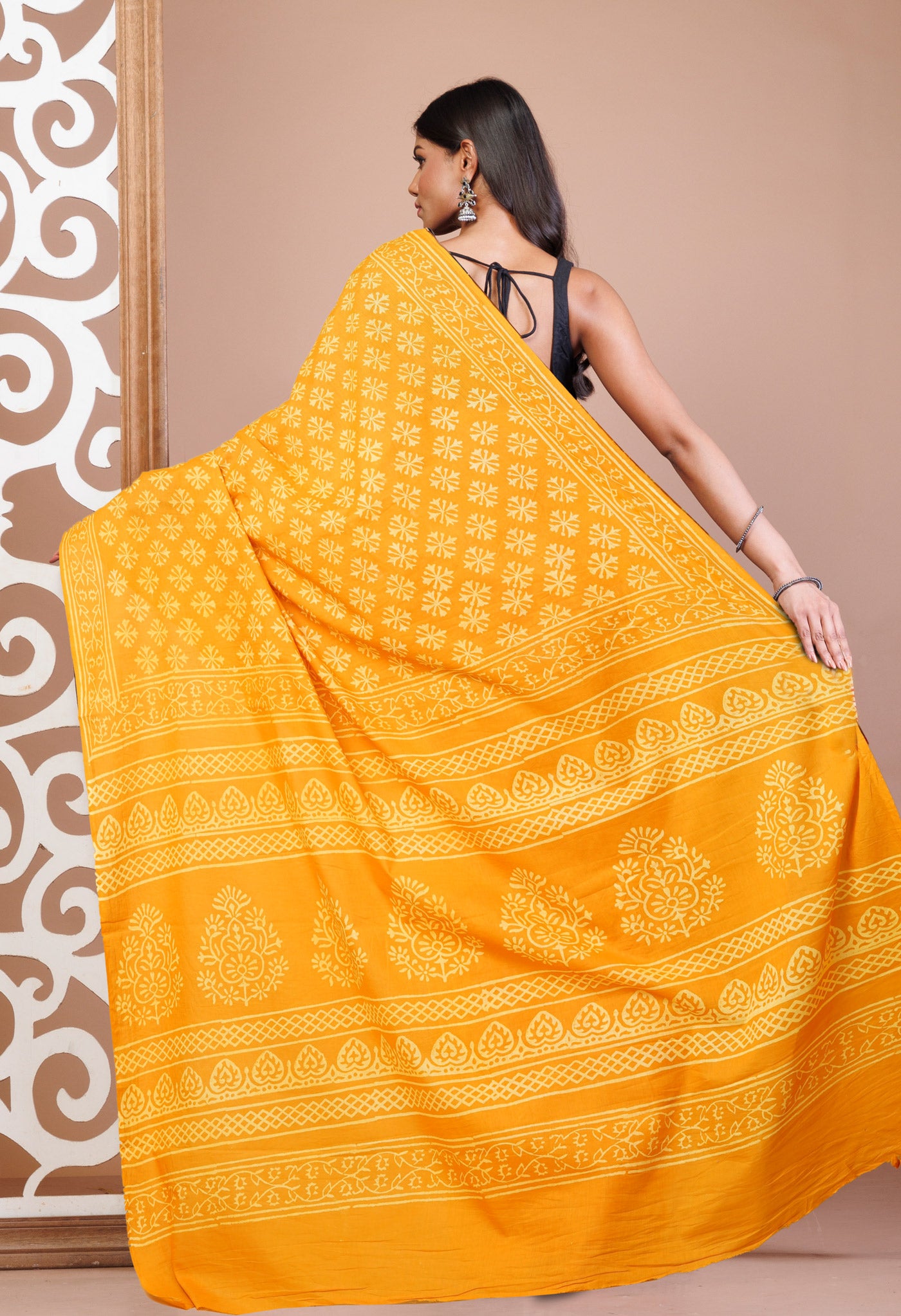 Yellow Pure Hand Block Printed Soft Cotton Saree-UNM78238