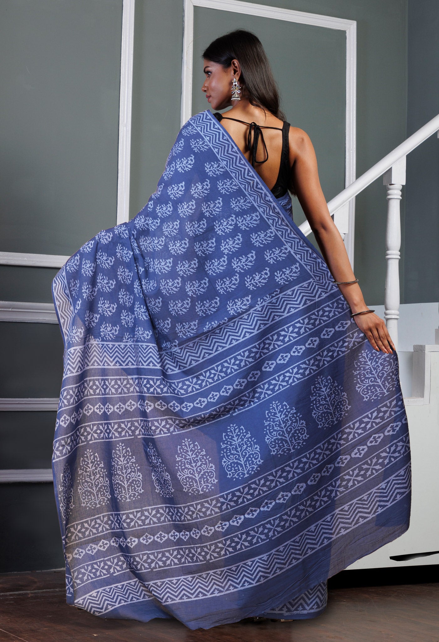 Navy Blue Pure Hand Block Printed Soft Cotton Saree-UNM78239