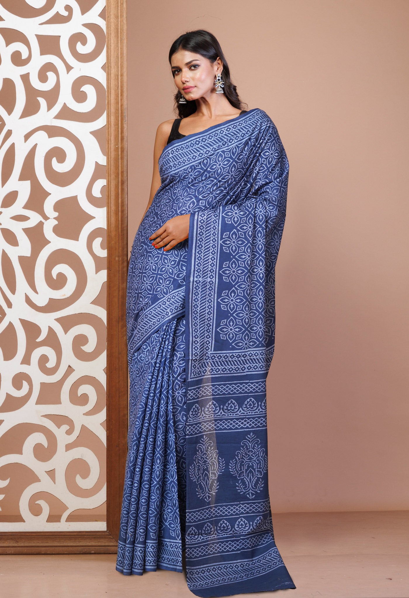 Navy Blue Pure Hand Block Printed Soft Cotton Saree-UNM78240