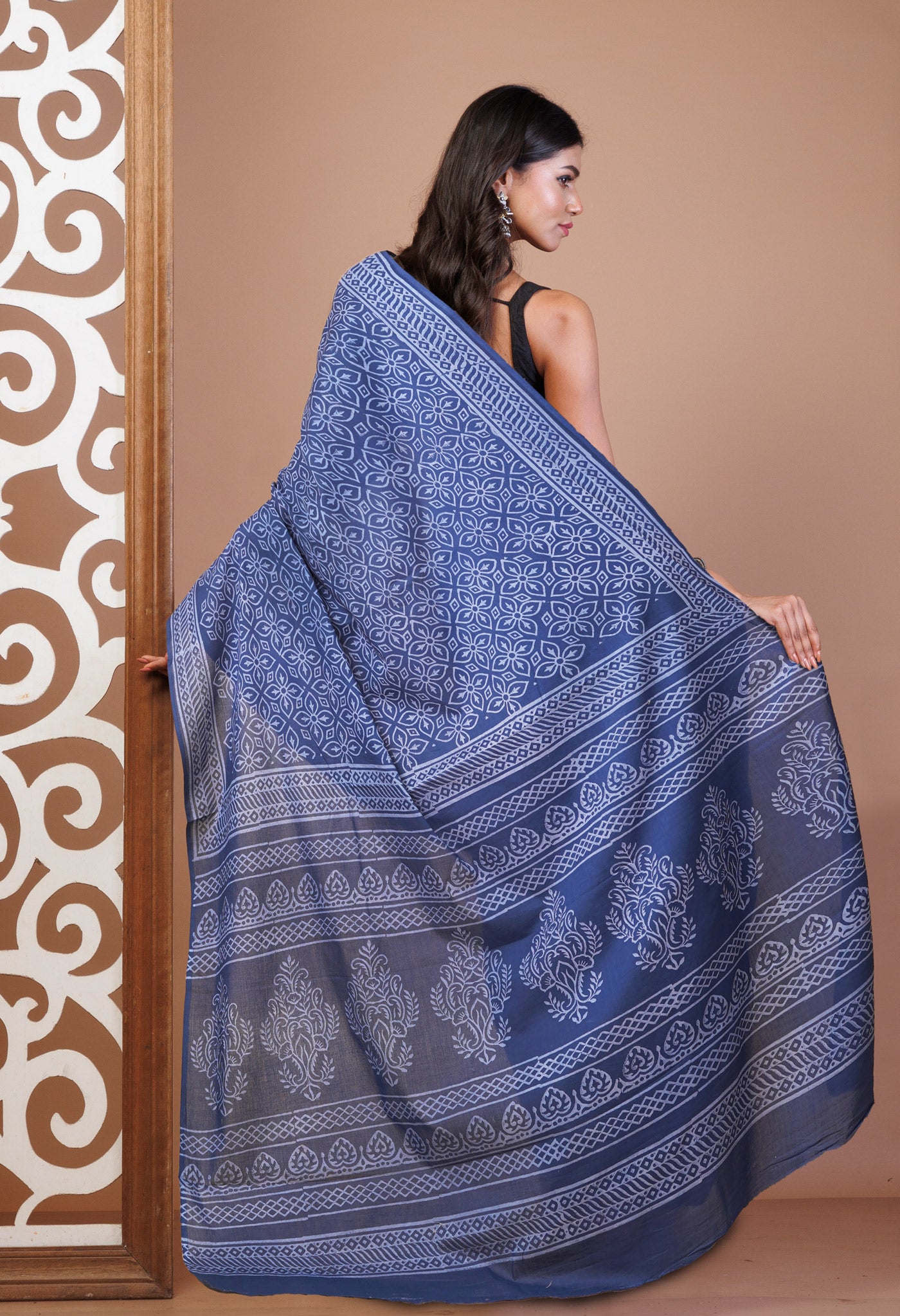 Navy Blue Pure Hand Block Printed Soft Cotton Saree-UNM78240