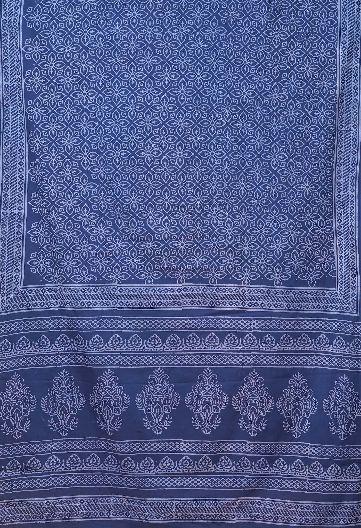 Navy Blue Pure Hand Block Printed Soft Cotton Saree-UNM78240