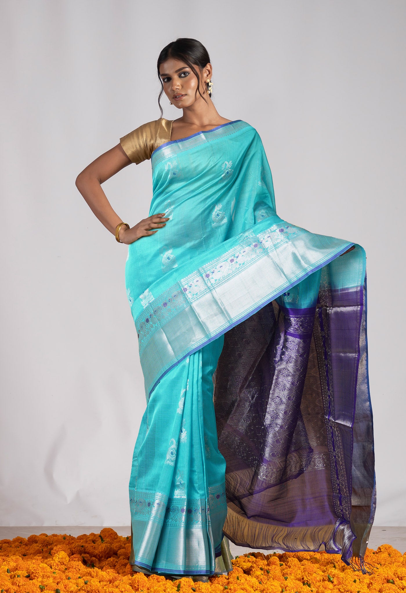 Blue Pure Handloom Fancy Assam Silk Saree