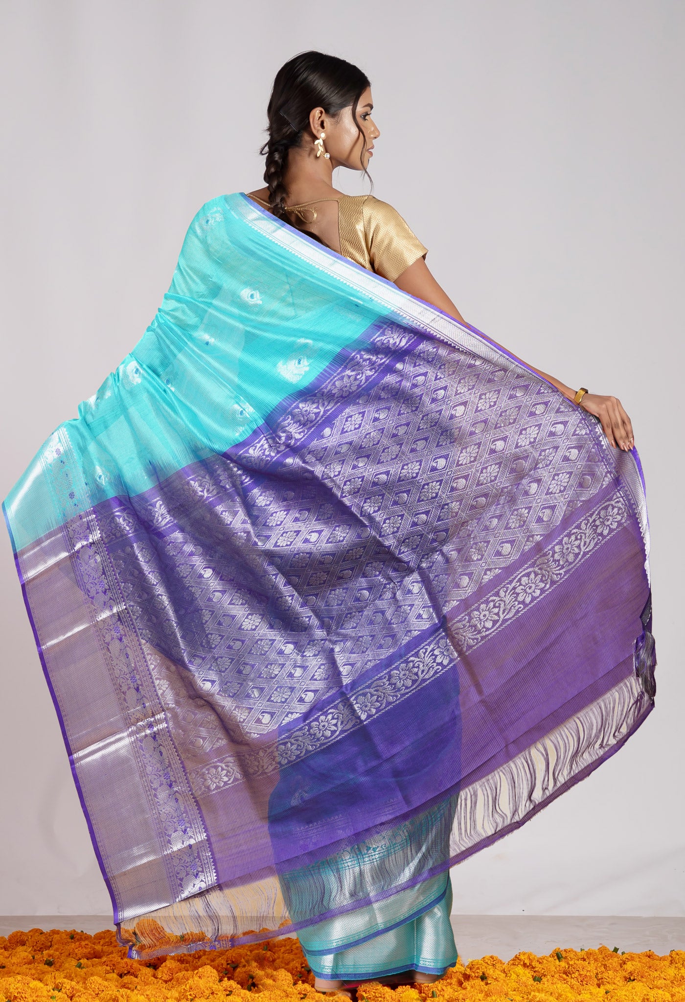 Blue Pure Handloom Fancy Assam Silk Saree