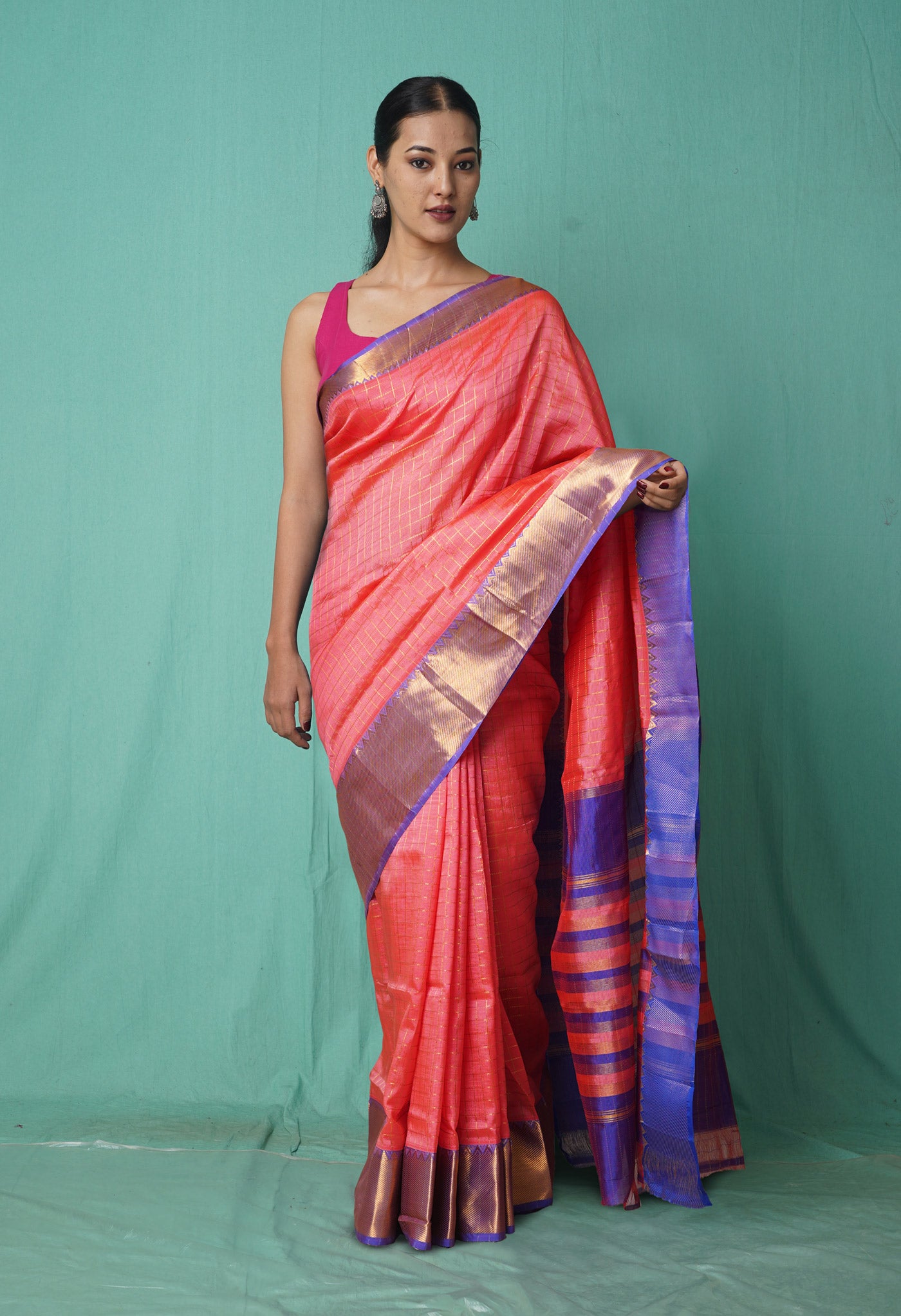 Peach Pink Pure Mangalgiri Soft Silk Saree