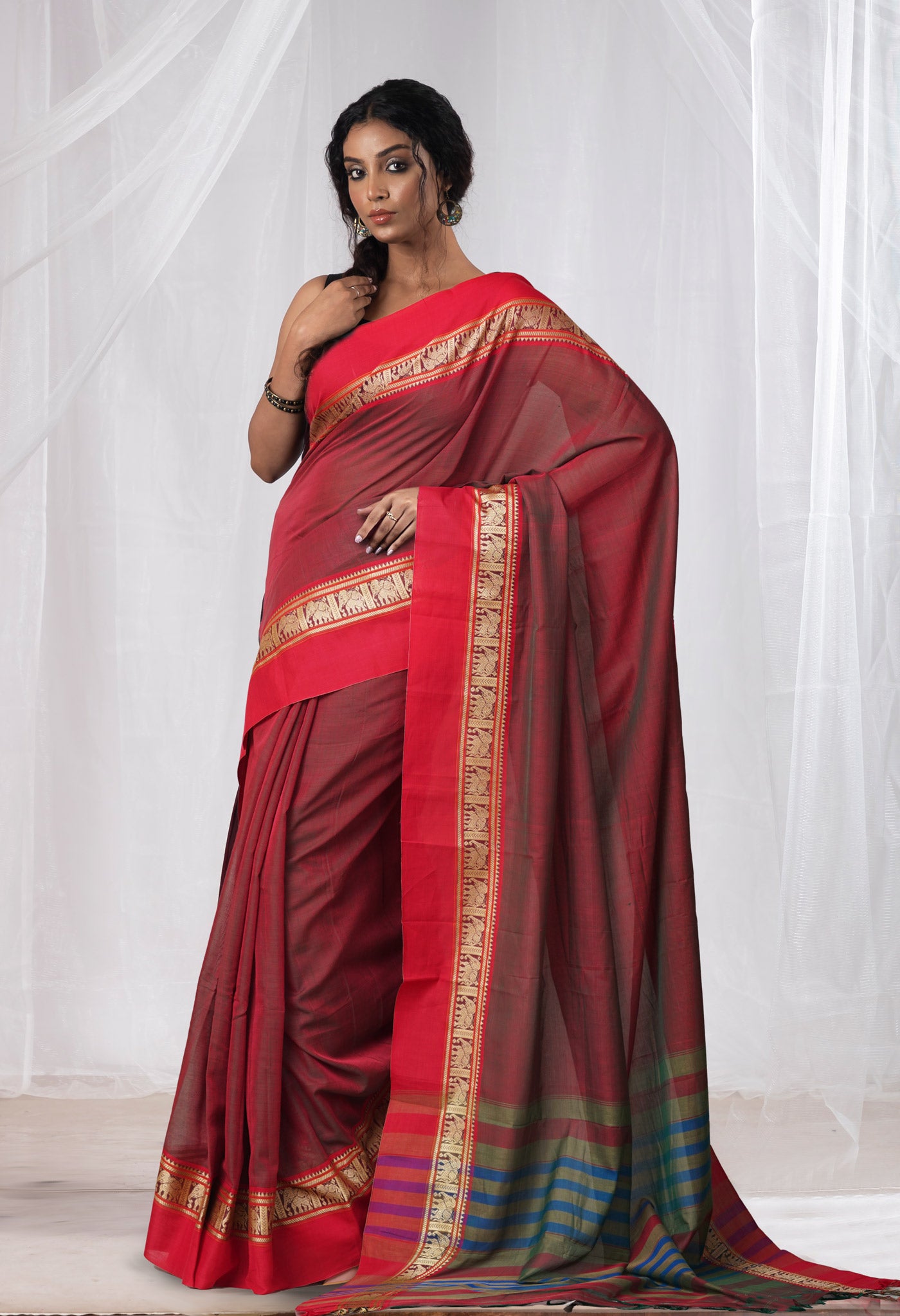 Red-Green Pure Handloom Narayani Cotton Saree