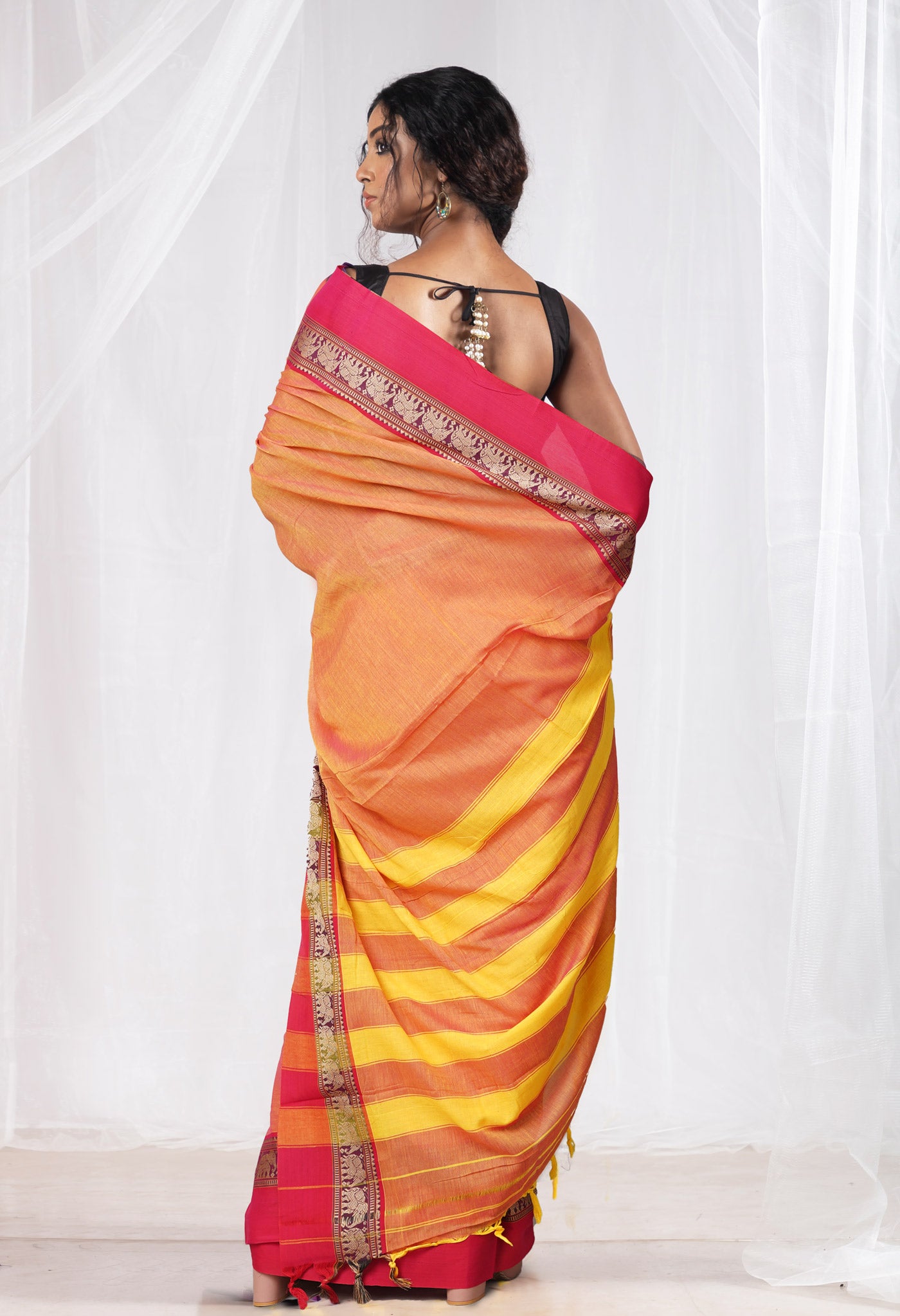 Orange-Pink Pure Handloom Narayani Cotton Saree-UNM78361