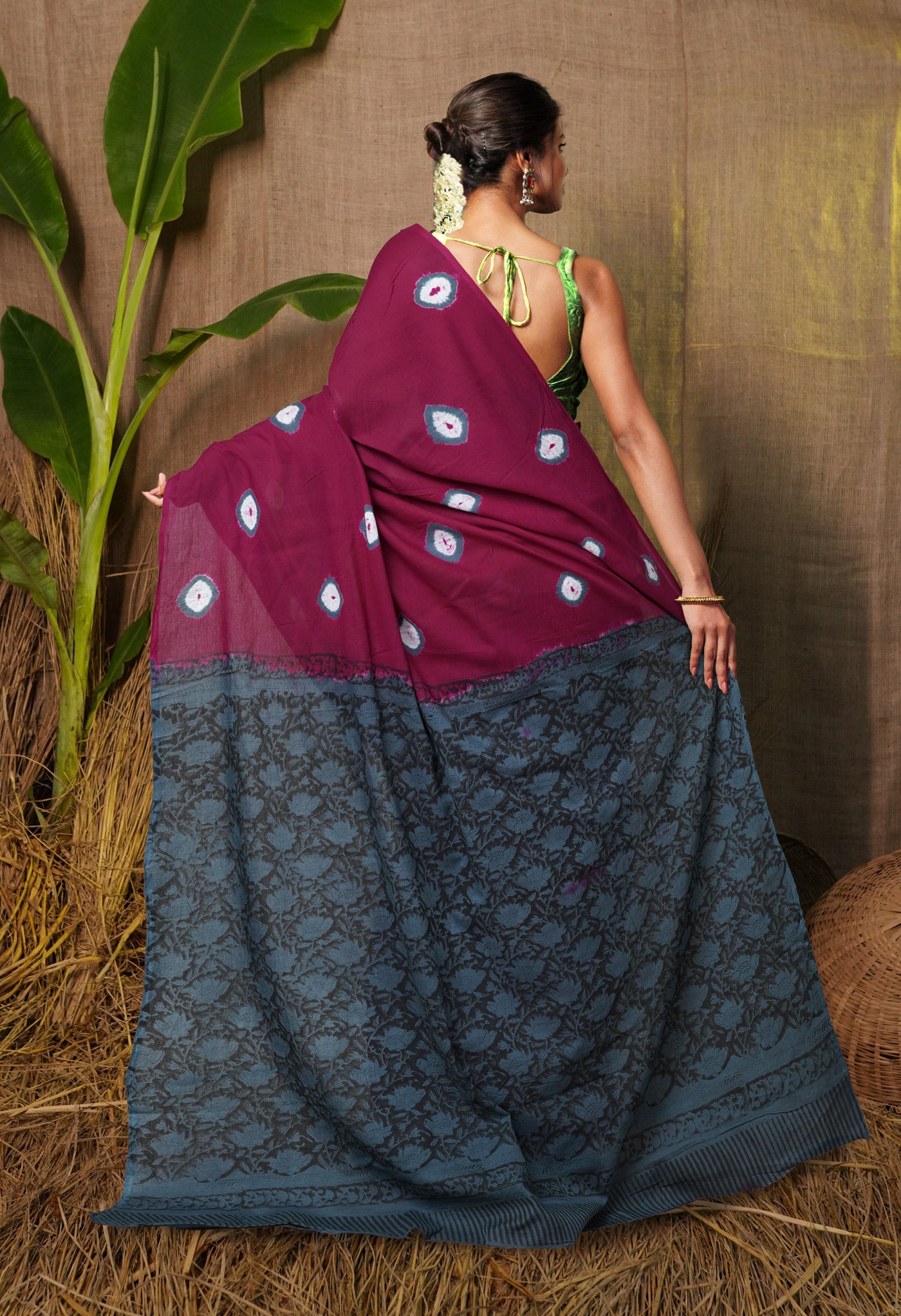 Purple-Black Pure  Bandhani Block Printed Soft Cotton Saree-UNM78453