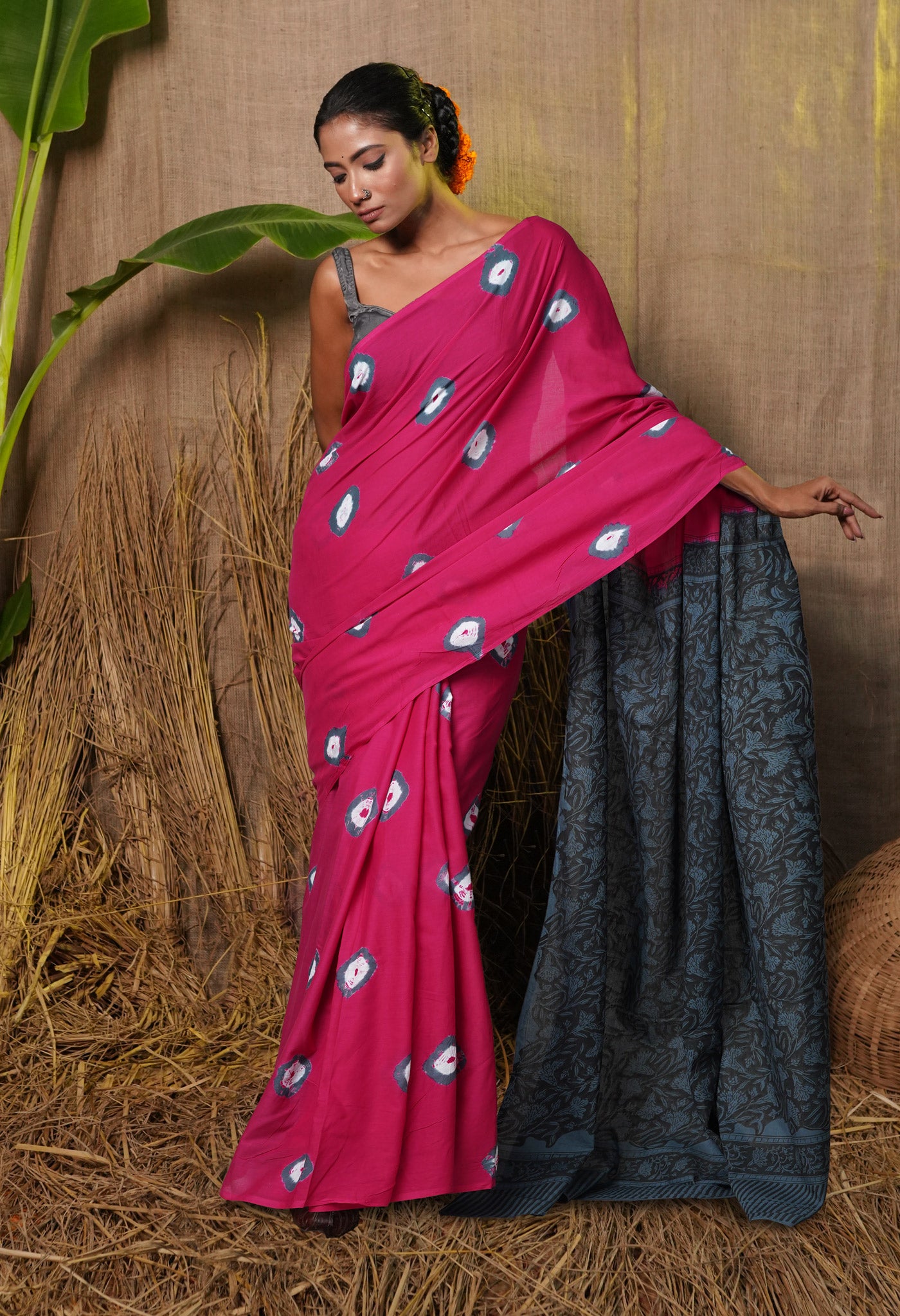 Pink-Black Pure  Bandhani Block Printed Soft Cotton Saree-UNM78455