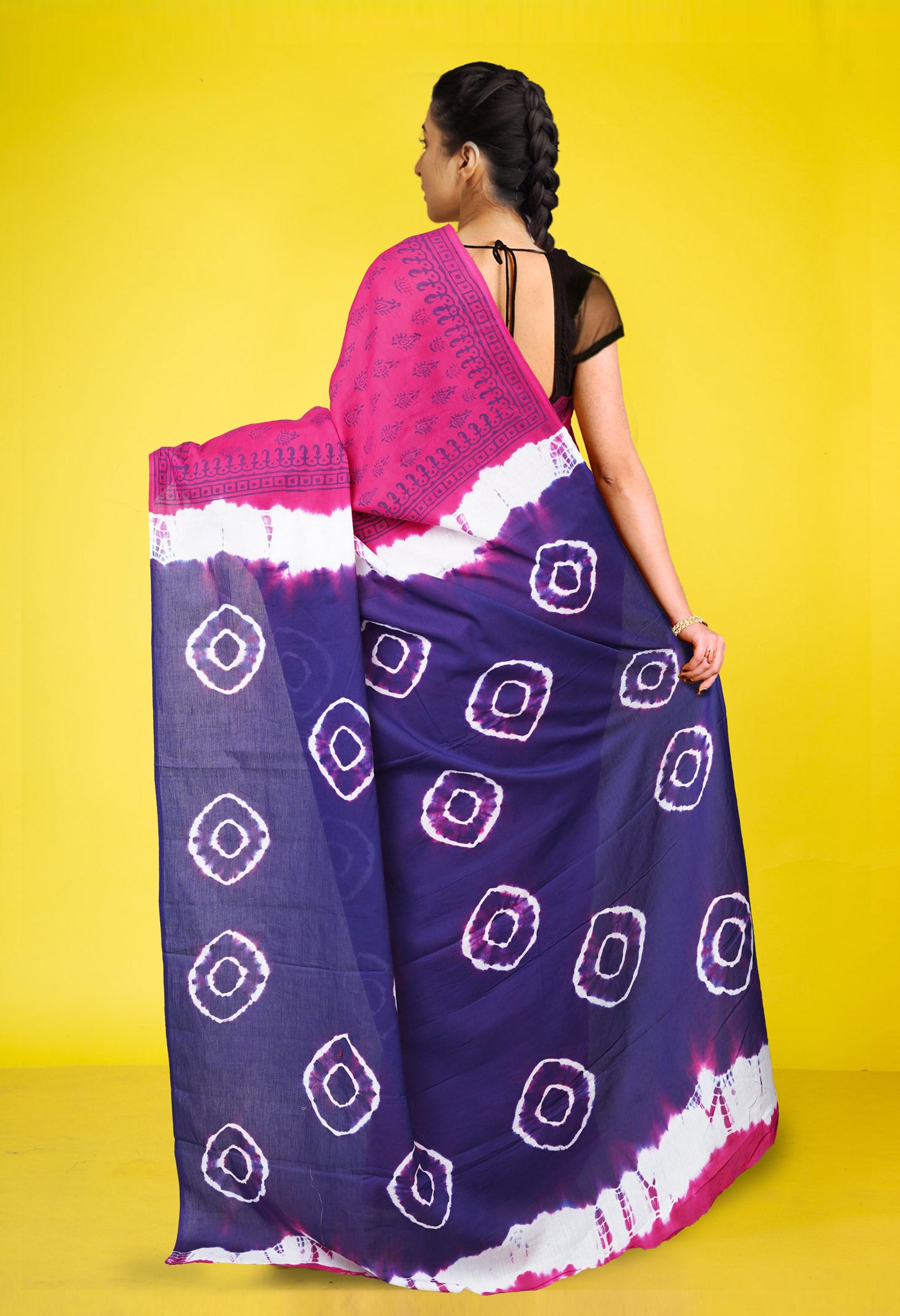 Pink-Navy Blue Pure  Tie And Dye Shibori Block Printed Soft Cotton Saree-UNM78458