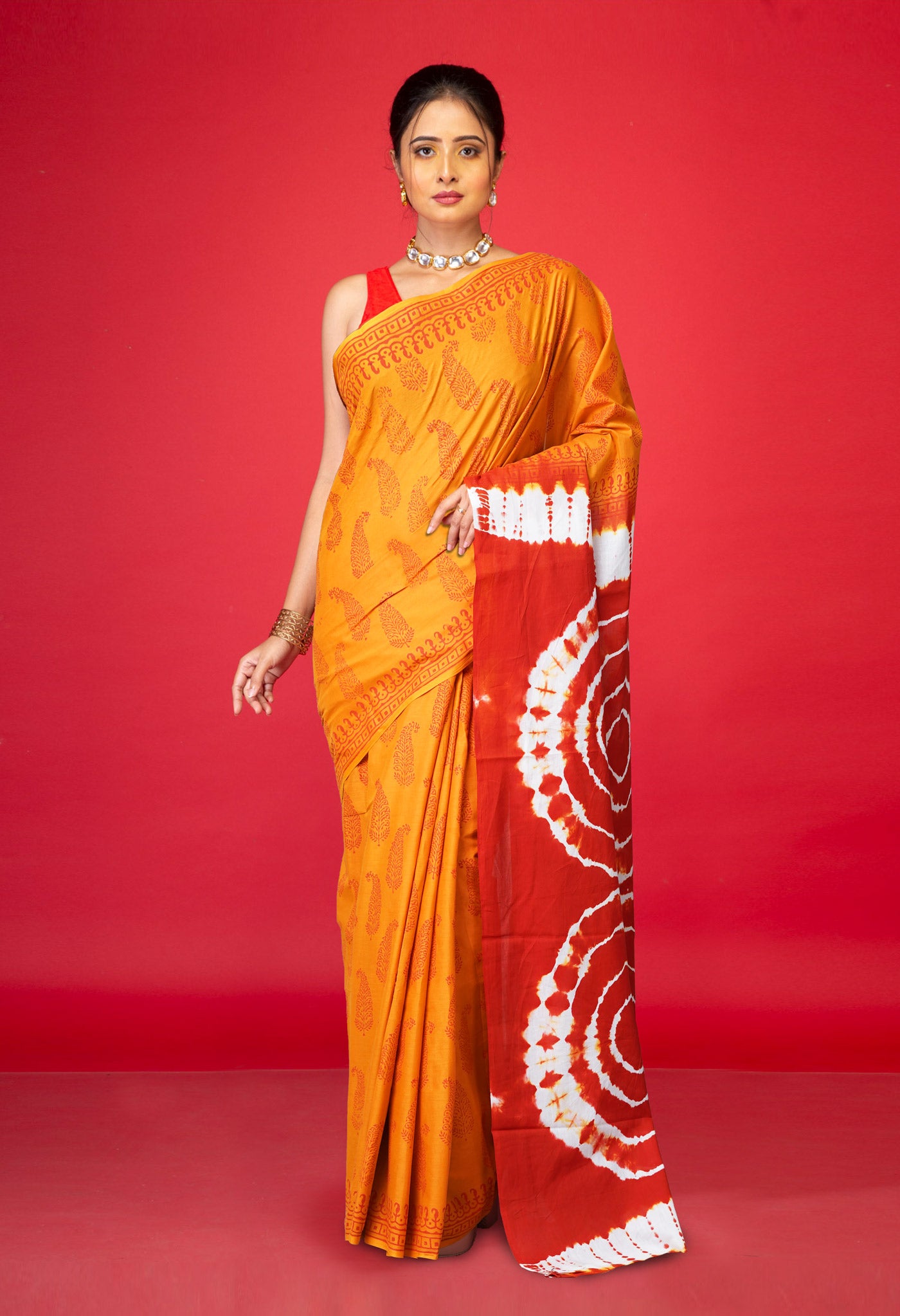 Mustard Yellow-Orange Pure  Tie And Dye Shibori Block Printed Soft Cotton Saree-UNM78459