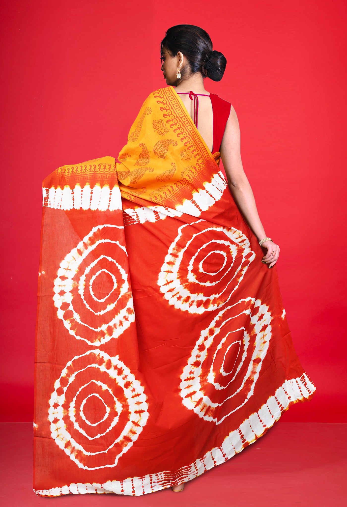 Mustard Yellow-Orange Pure  Tie And Dye Shibori Block Printed Soft Cotton Saree-UNM78459