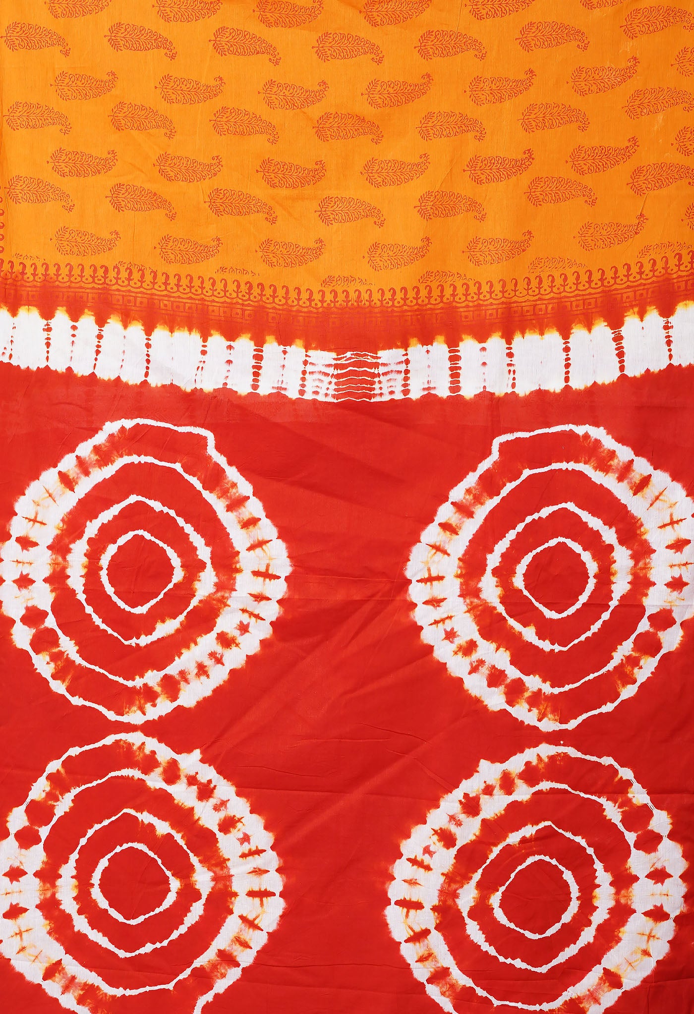 Mustard Yellow-Orange Pure  Tie And Dye Shibori Block Printed Soft Cotton Saree-UNM78459