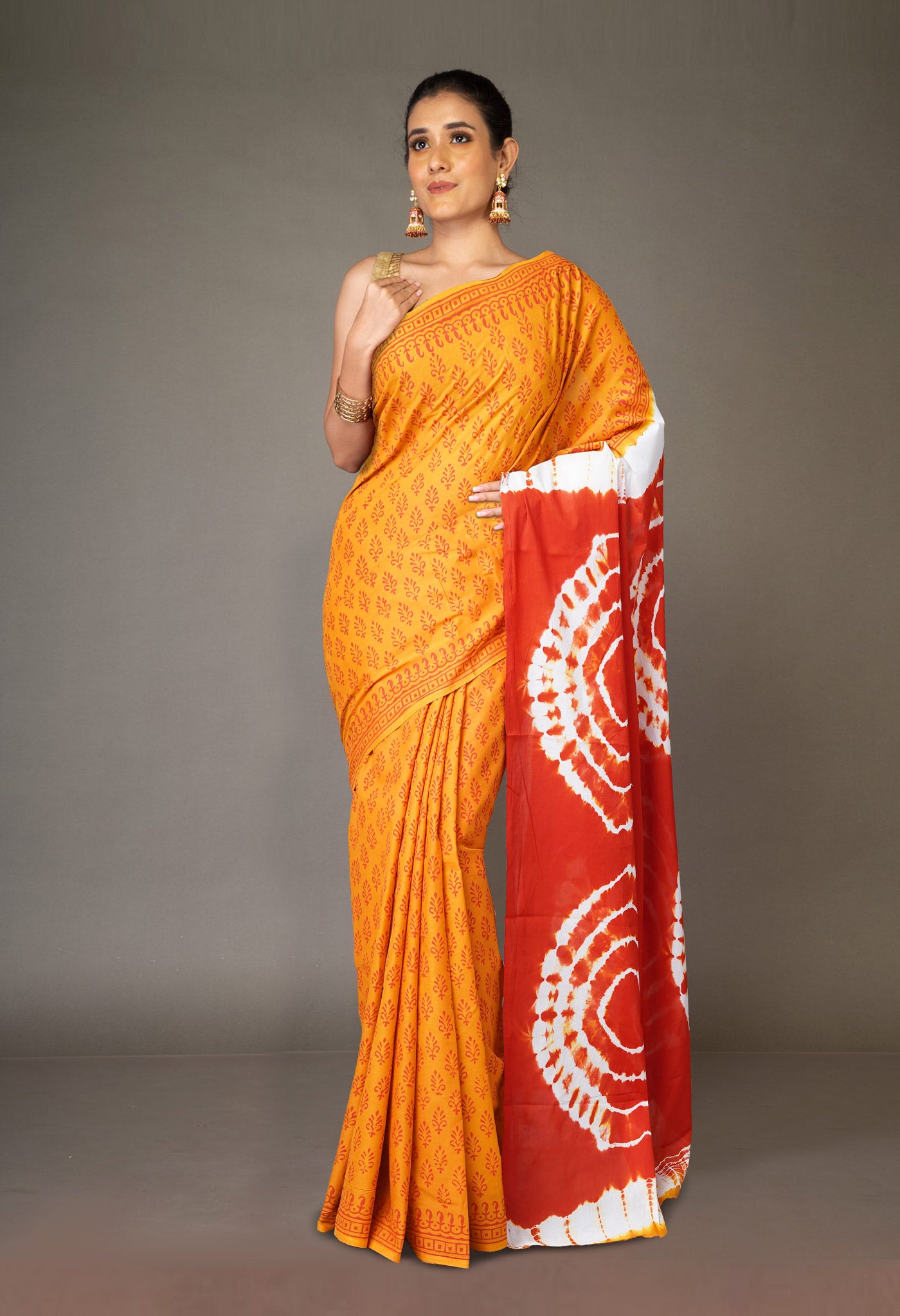 Mustard Yellow-Orange Pure  Tie And Dye Shibori Block Printed Soft Cotton Saree-UNM78461