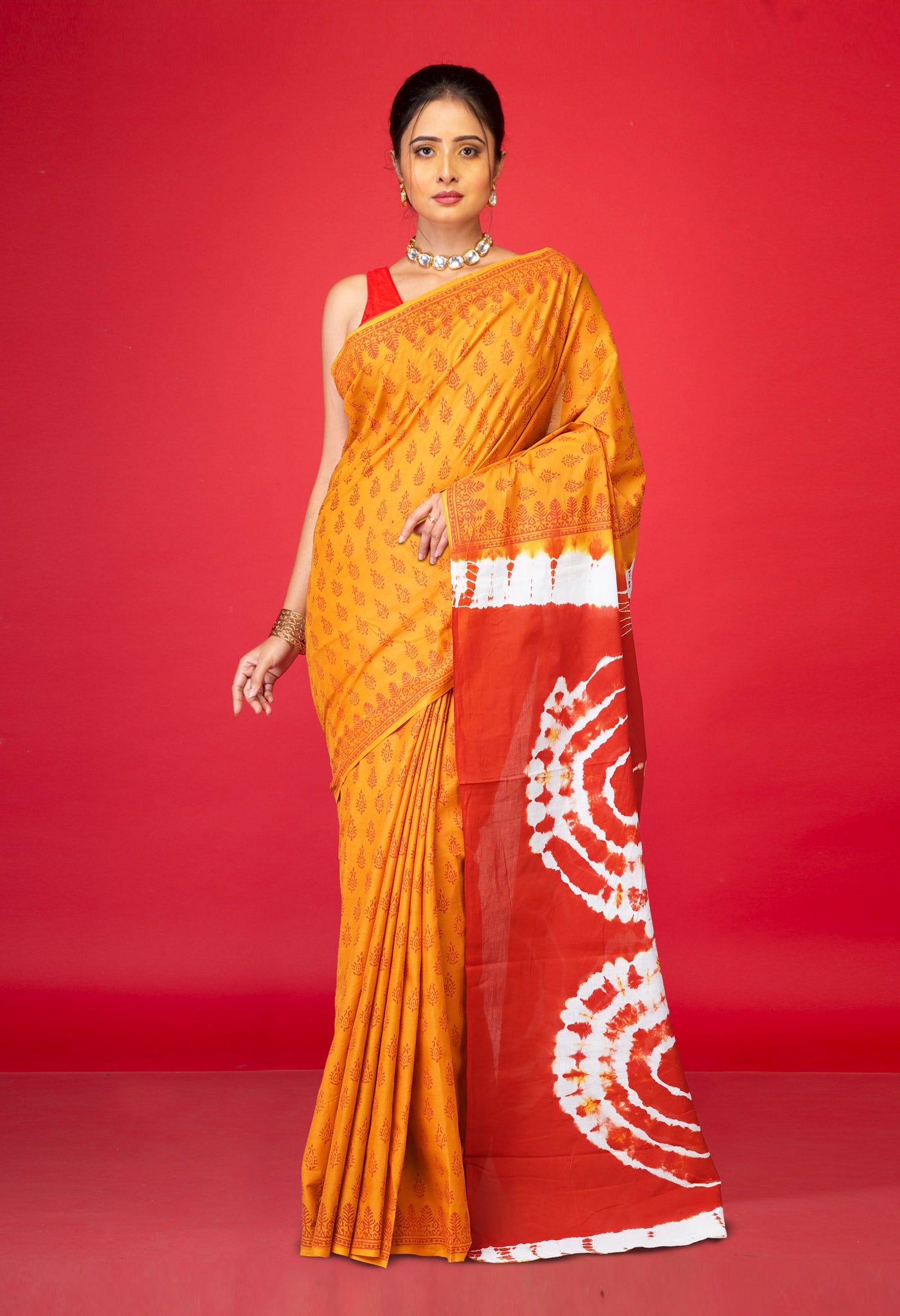 Mustard Yellow-Orange Pure  Tie And Dye Shibori Block Printed Soft Cotton Saree-UNM78462