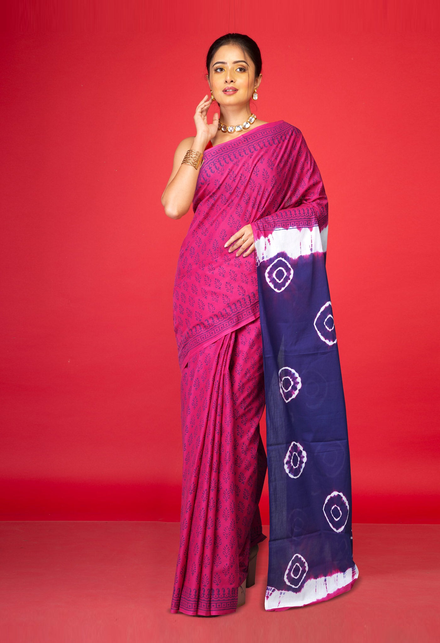 Pink-Navy Blue Pure  Tie And Dye Shibori Block Printed Soft Cotton Saree-UNM78463