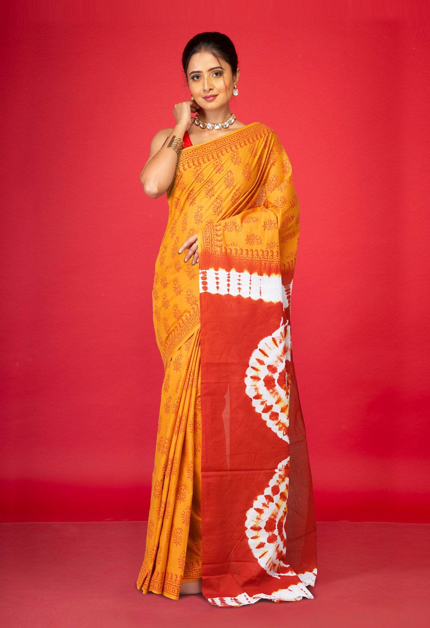 Mustard Yellow-Orange Pure  Tie And Dye Shibori Block Printed Soft Cotton Saree-UNM78464