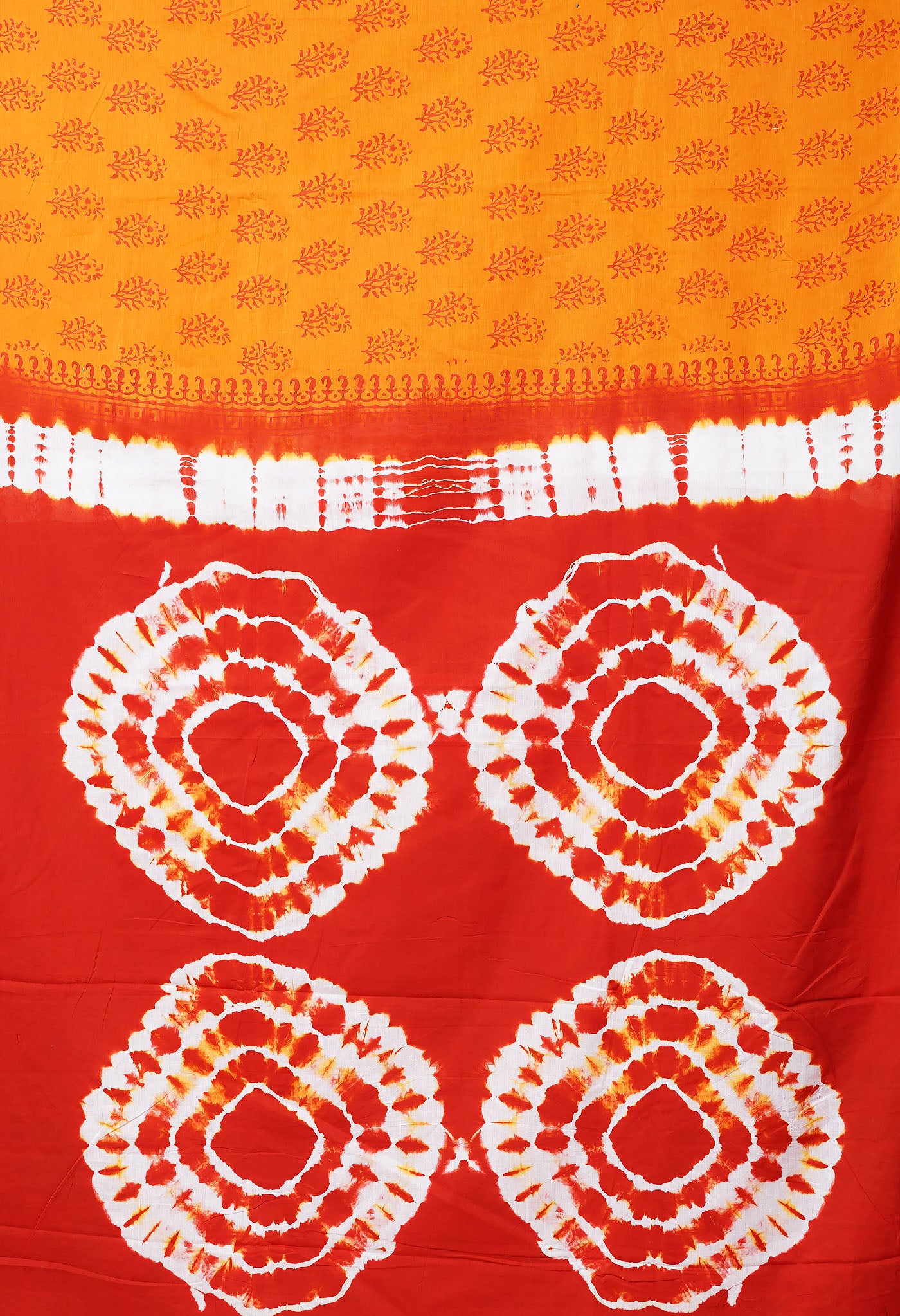 Mustard Yellow-Orange Pure  Tie And Dye Shibori Block Printed Soft Cotton Saree-UNM78464