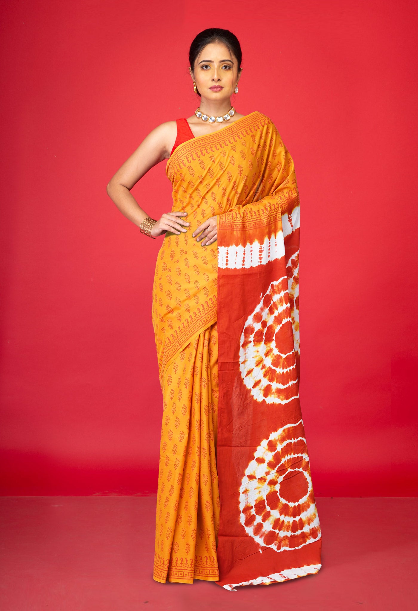 Mustard Yellow-Orange Pure  Tie And Dye Shibori Block Printed Soft Cotton Saree-UNM78466